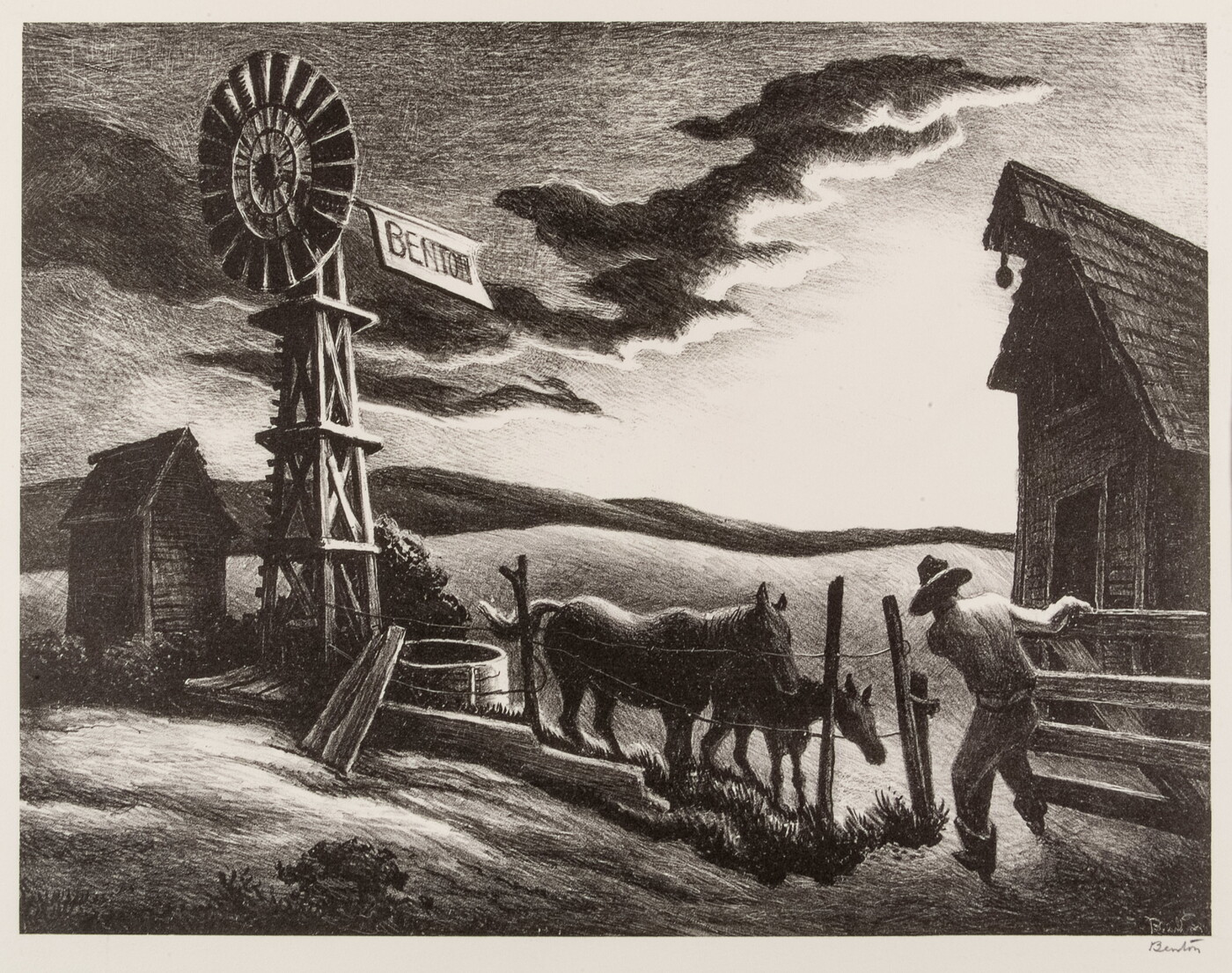 A black-and-white print of a farmer either closing or opening a gate to a corral with two horses next to a windmill under a dark and cloudy sky.