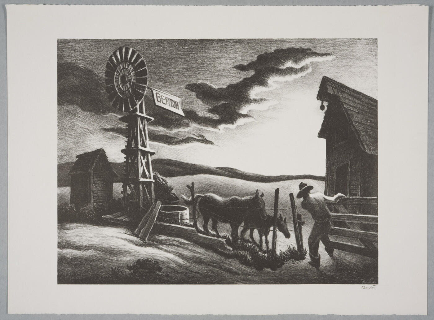 A black-and-white print of a farmer either closing or opening a gate to a corral with two horses next to a windmill under a dark and cloudy sky.