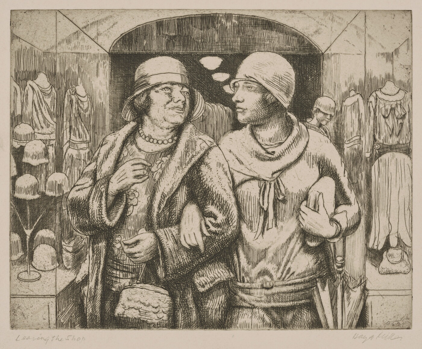 A black-and-white print of two White women with linked arms leaving through the glass doors of a dress shop.