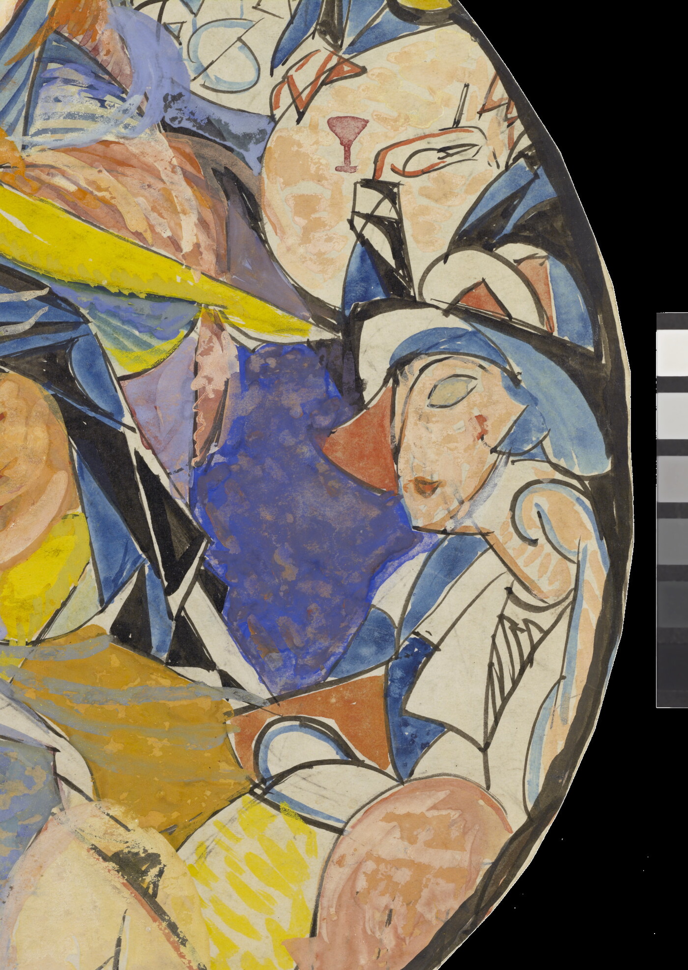 A detail of a round-shaped watercolor of abstract White female figures rendered in a modern, angular style.