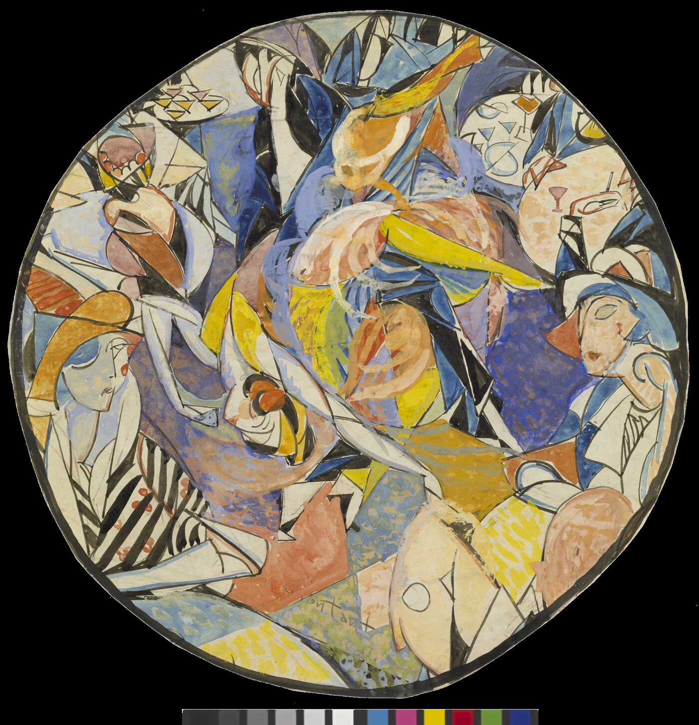 A round-shaped watercolor of abstract White female figures rendered in a modern, angular style.