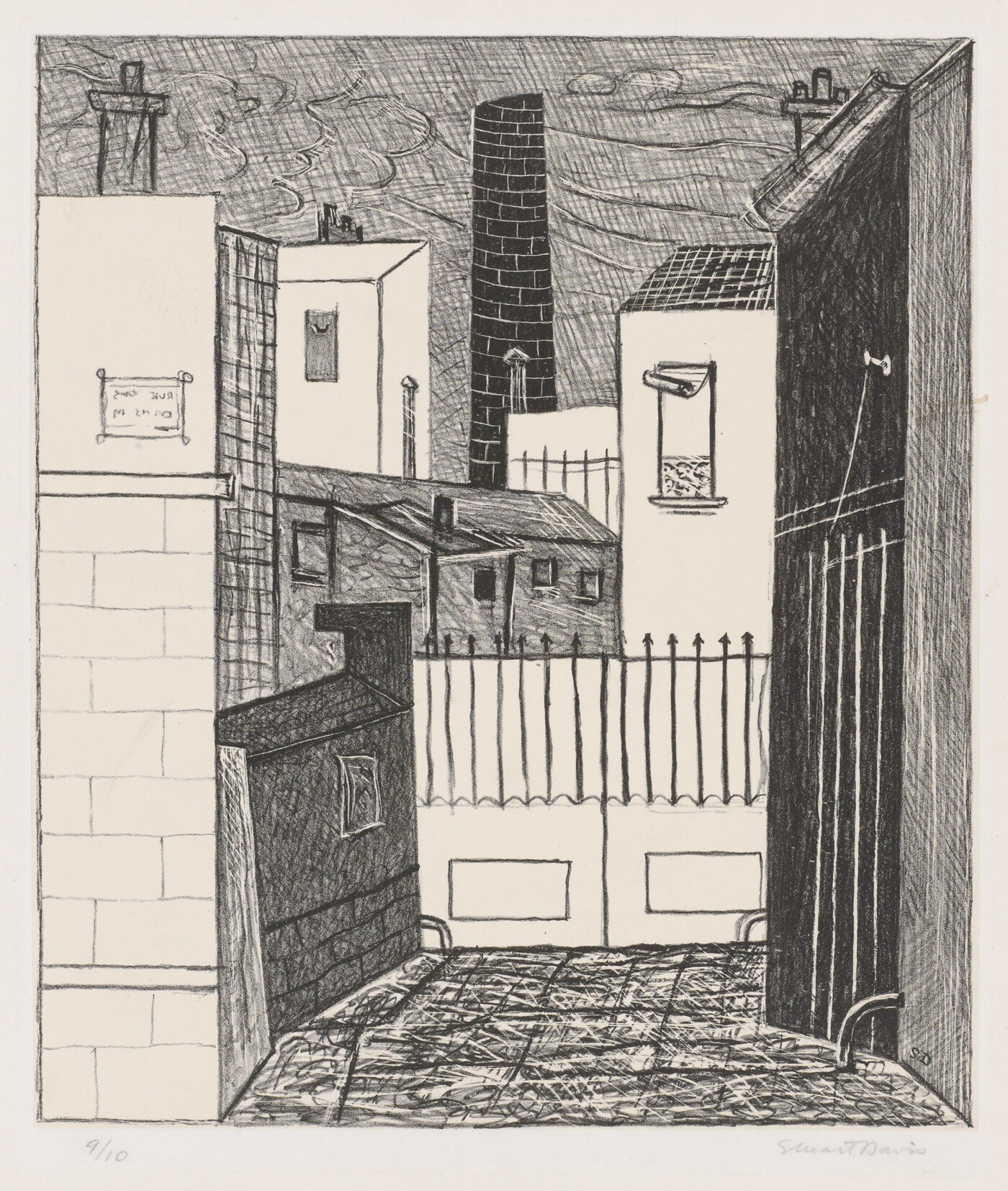 A black-and-white print of a cityscape featuring several buildings seen from a street. 