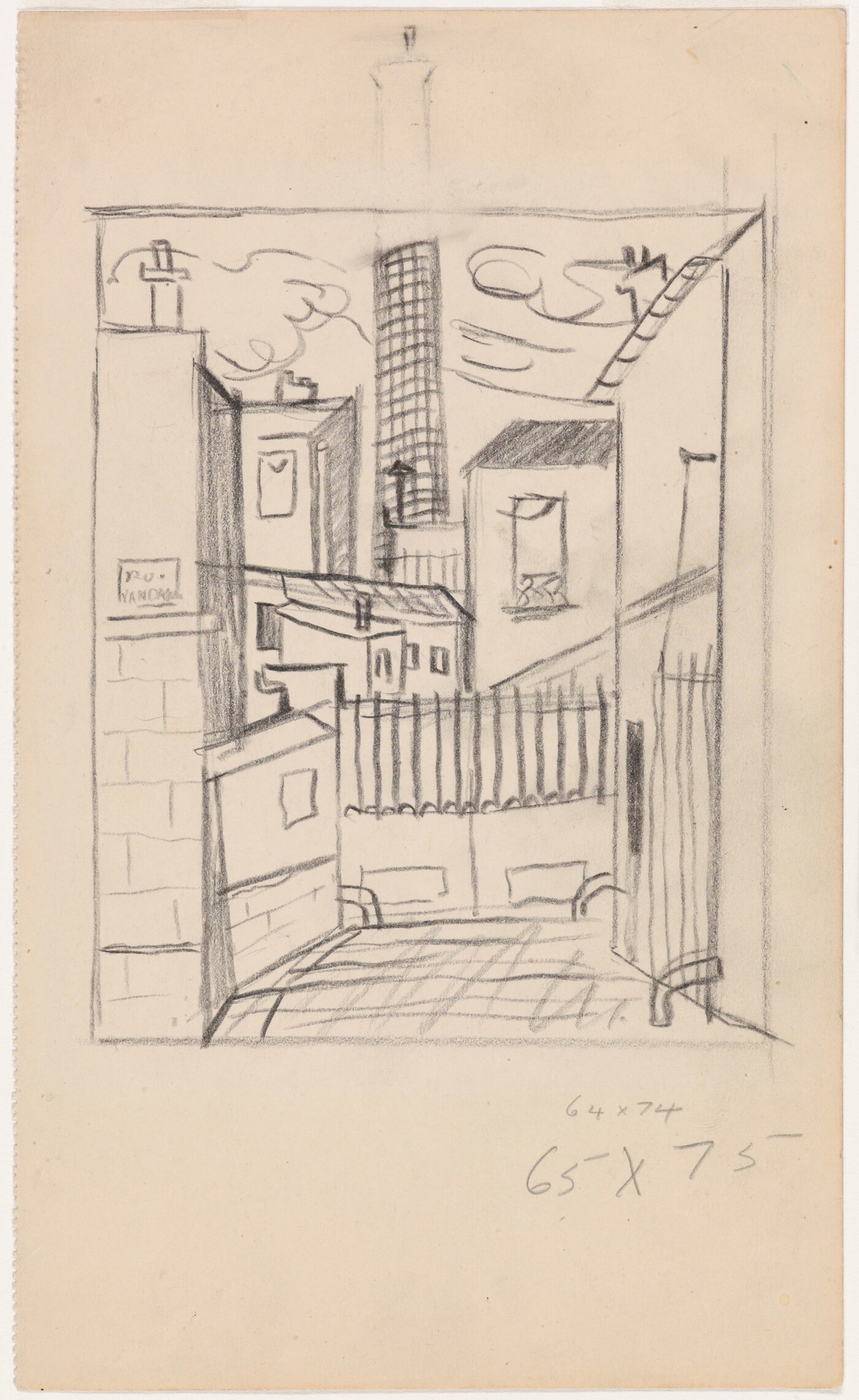 A black-and-white pencil sketch of a cityscape featuring several buildings seen from a street. 
