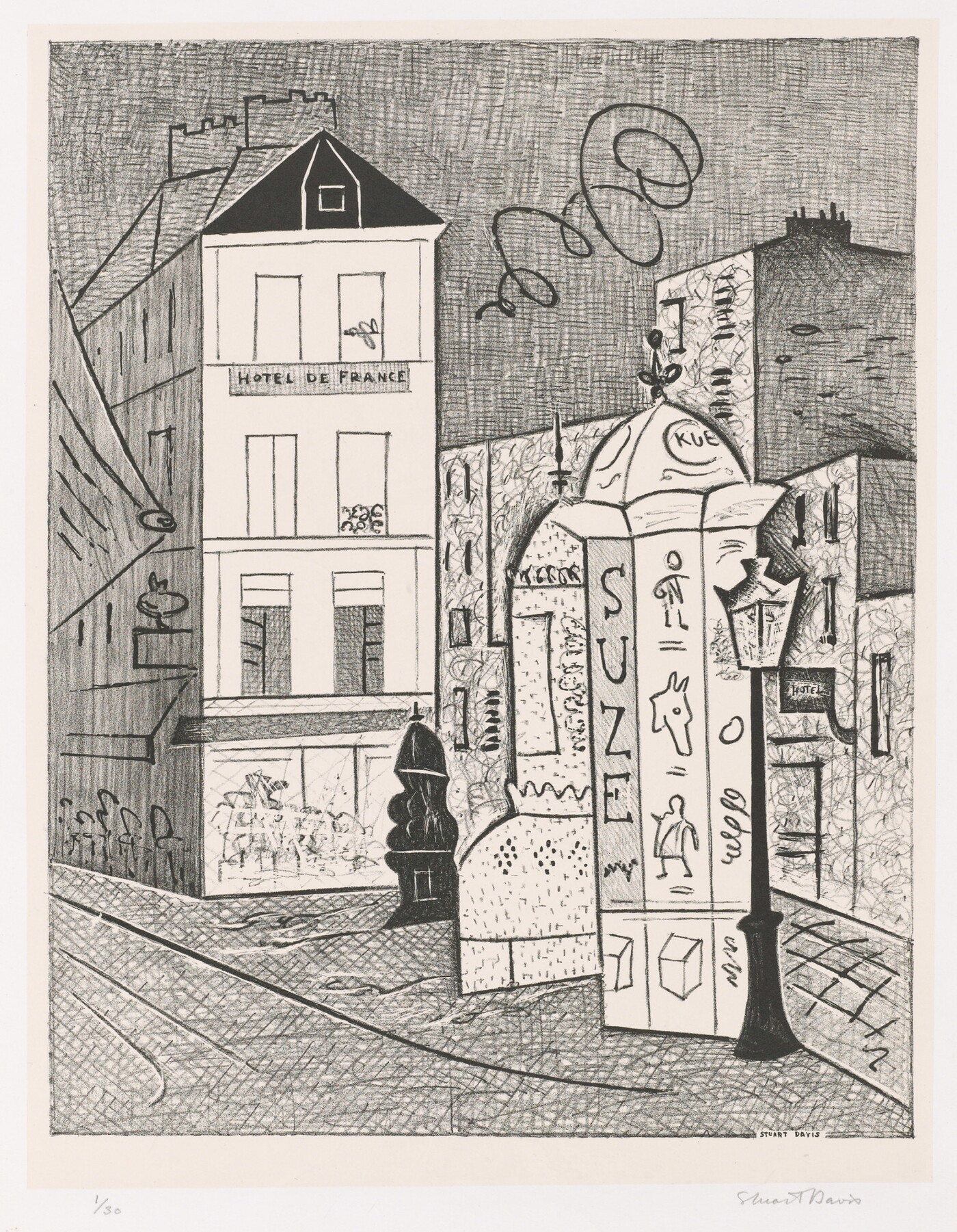 A black-and-white print of a Parisian cityscape, including buildings, a postbox, and a streetlamp. 