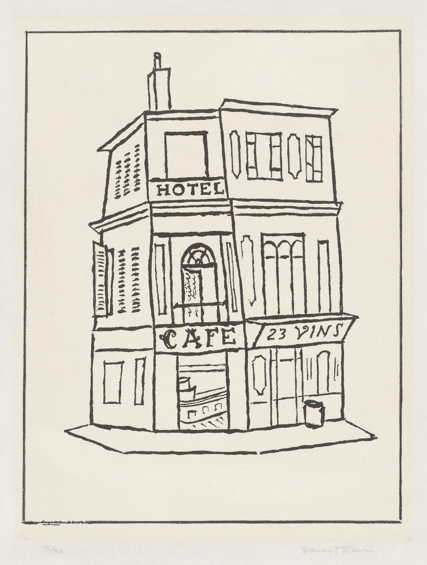 A black-and-white print of a simply-drawn corner hotel façade, with the words &quot;hotel&quot; and &quot;cafe&quot; written above the entry. 