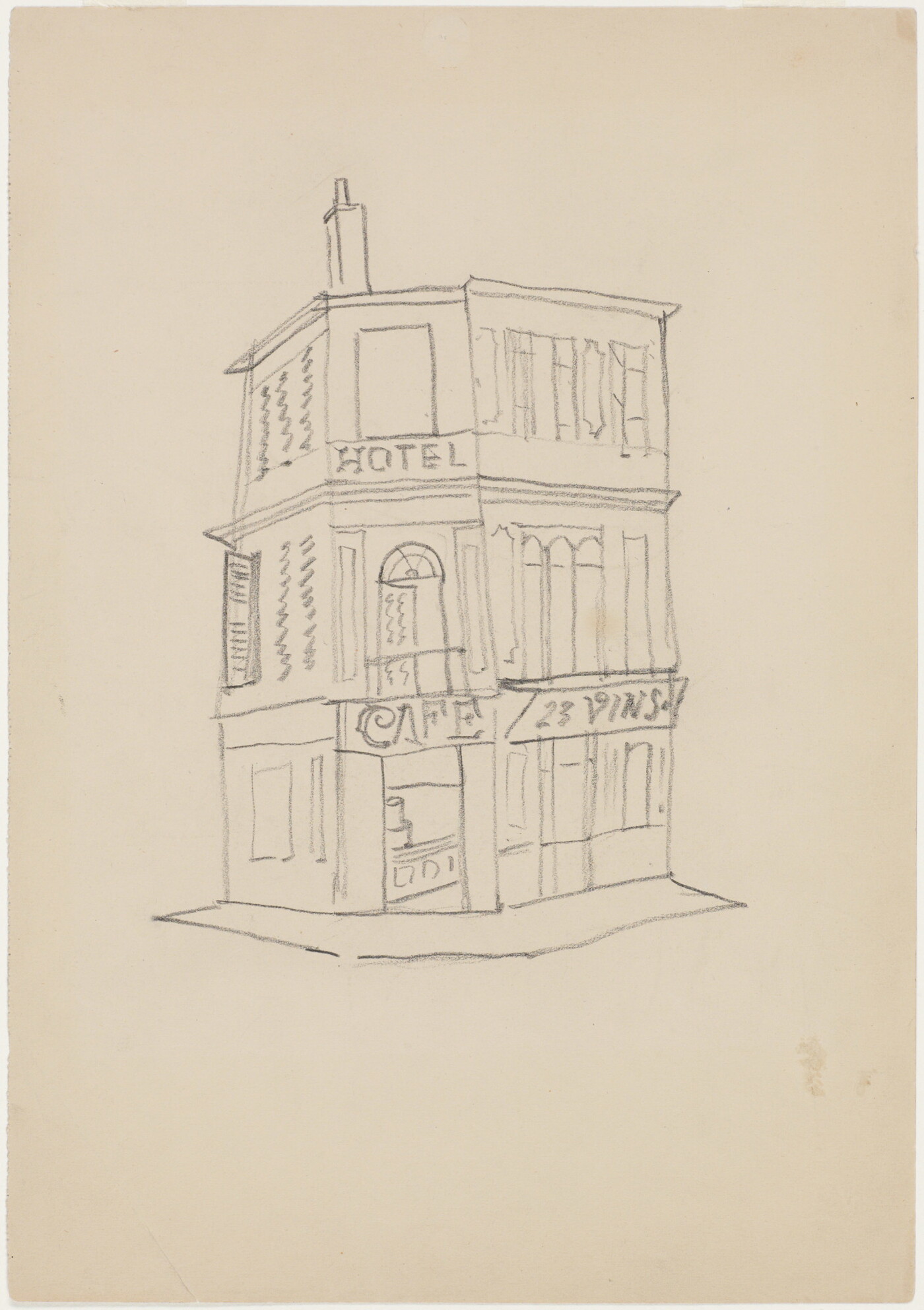 A black-and-white line drawing of a corner hotel façade, with the words &quot;hotel&quot; and &quot;cafe&quot; written above the entry. 
