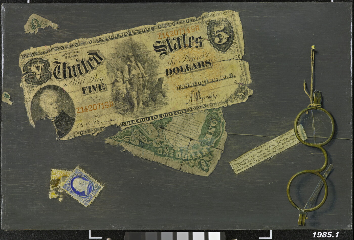 A realistic oil painting of a torn five dollar bill from the 1800s, some stamps, and a pair of glasses.