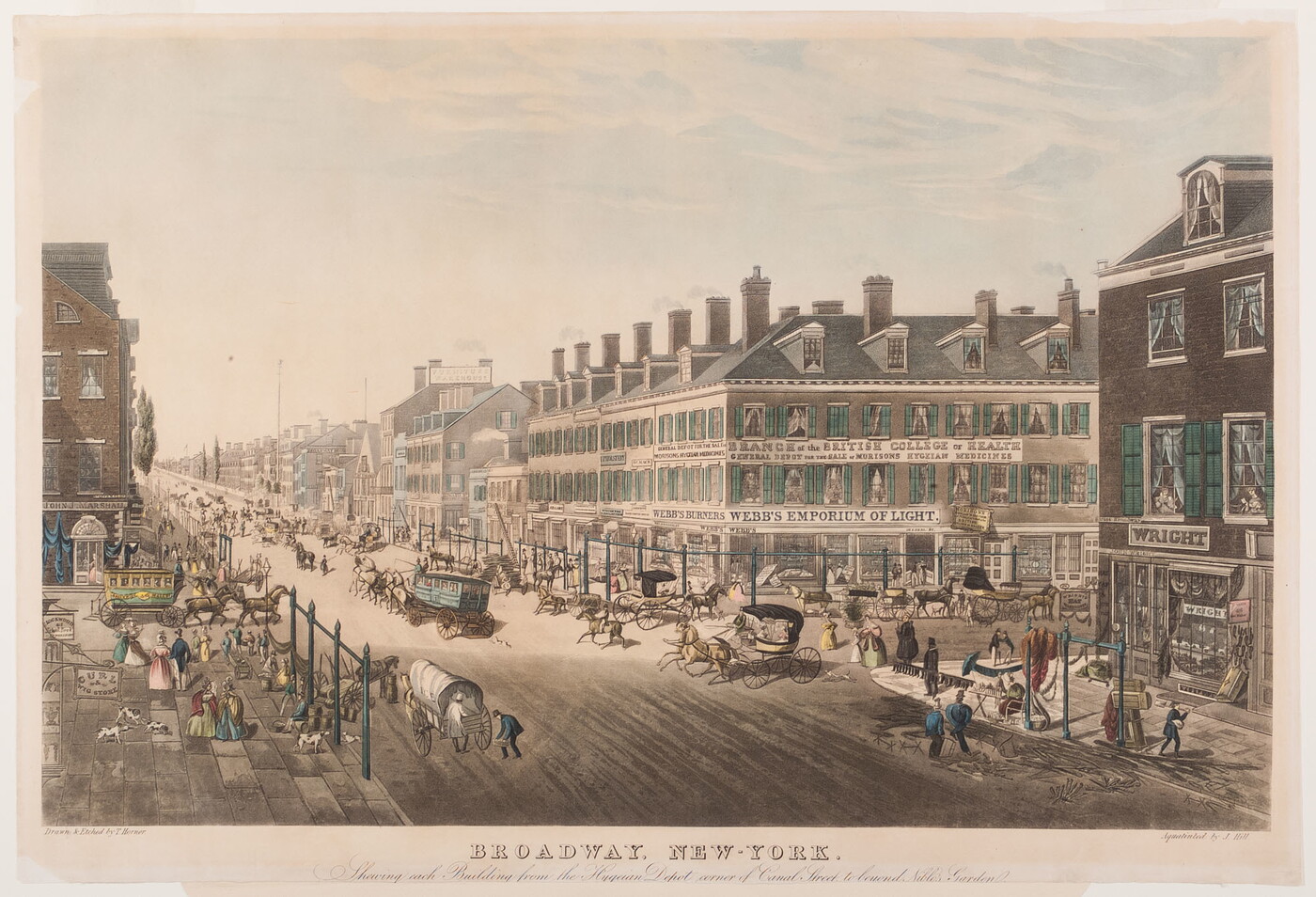 A color print of a busy city street filled with people, carriages, and horses.