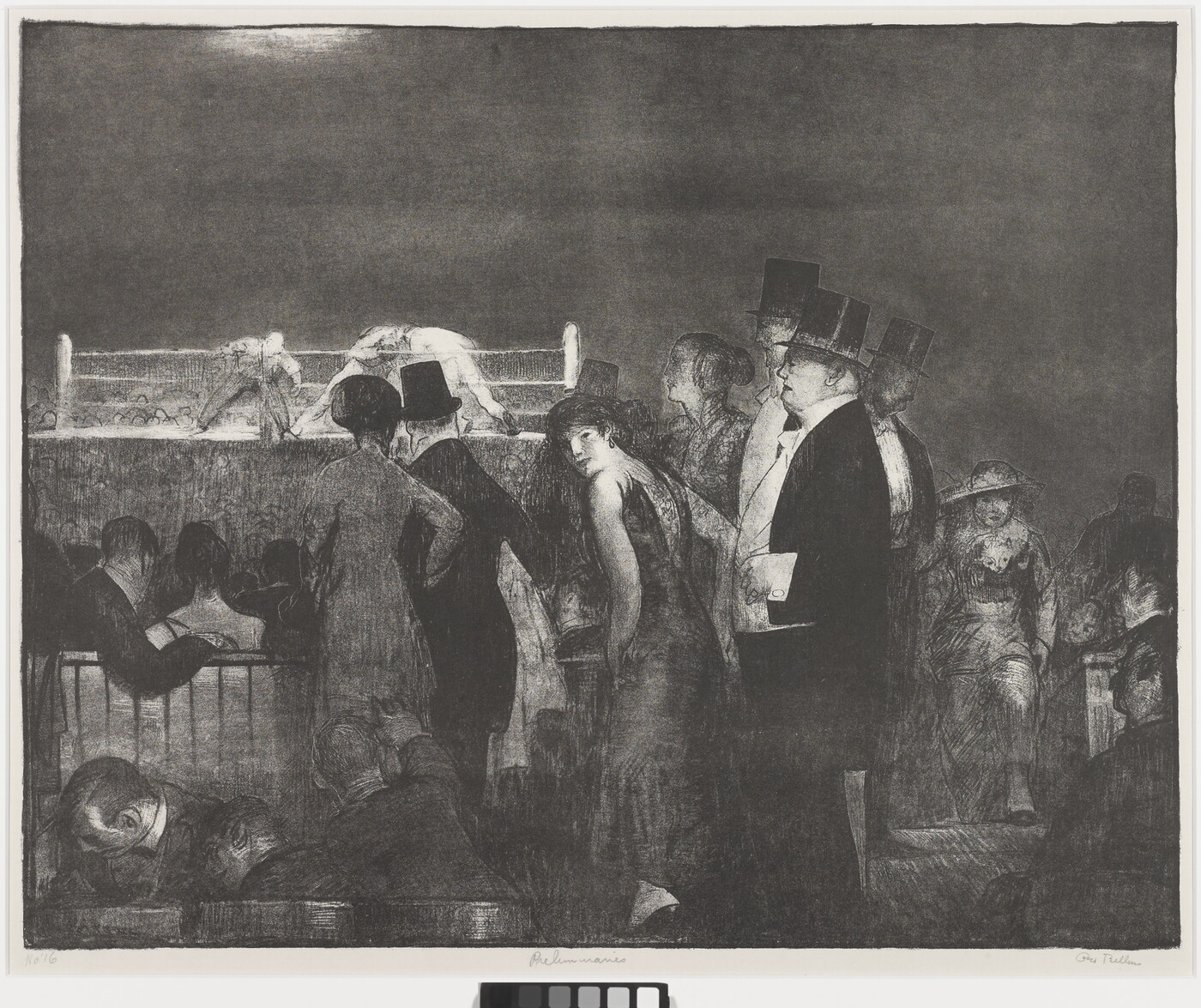 A black-and-white print of a group of nicely dressed people watching a boxing match.
