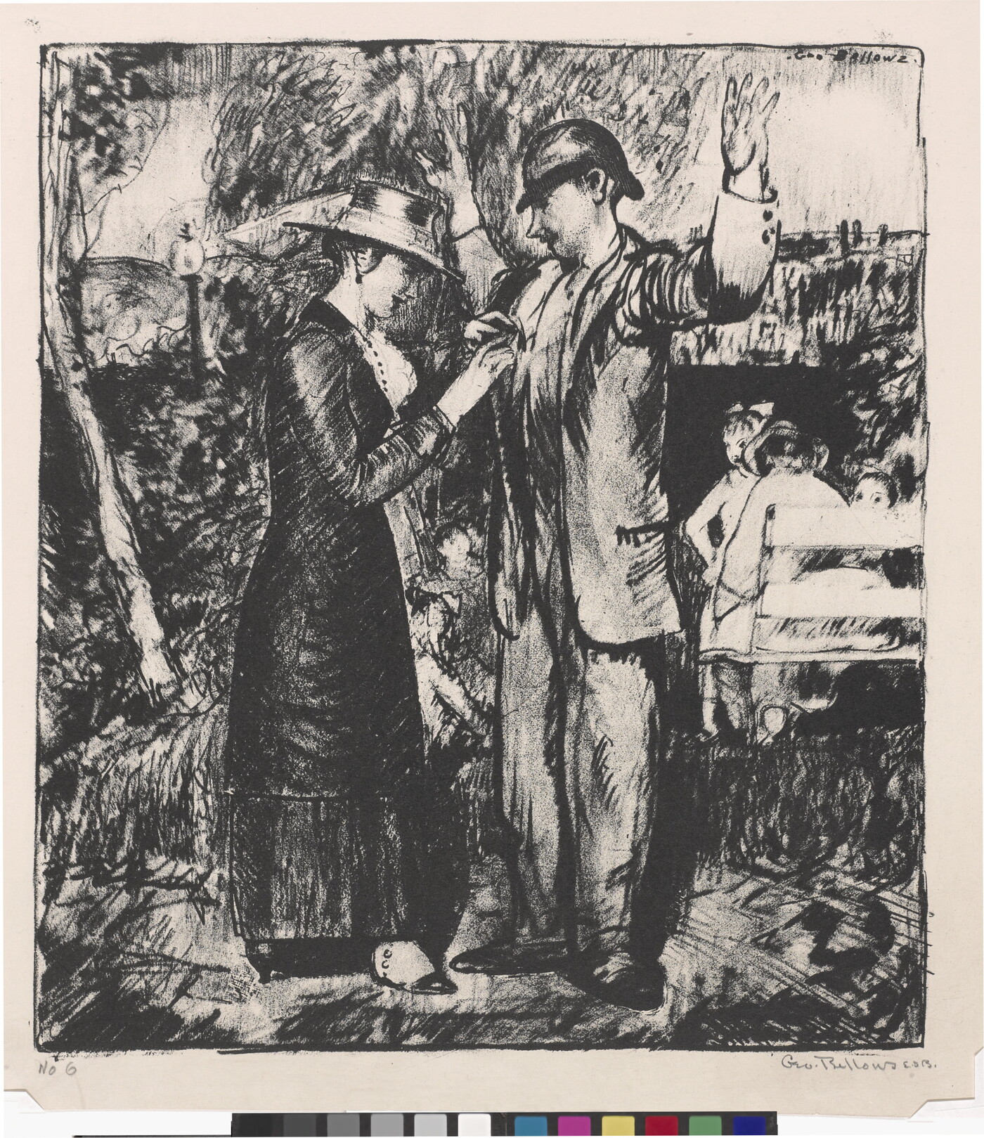 A black-and-white print of a woman buttoning up or affixing something to the jacket of a soldier who stands with his hands raised.