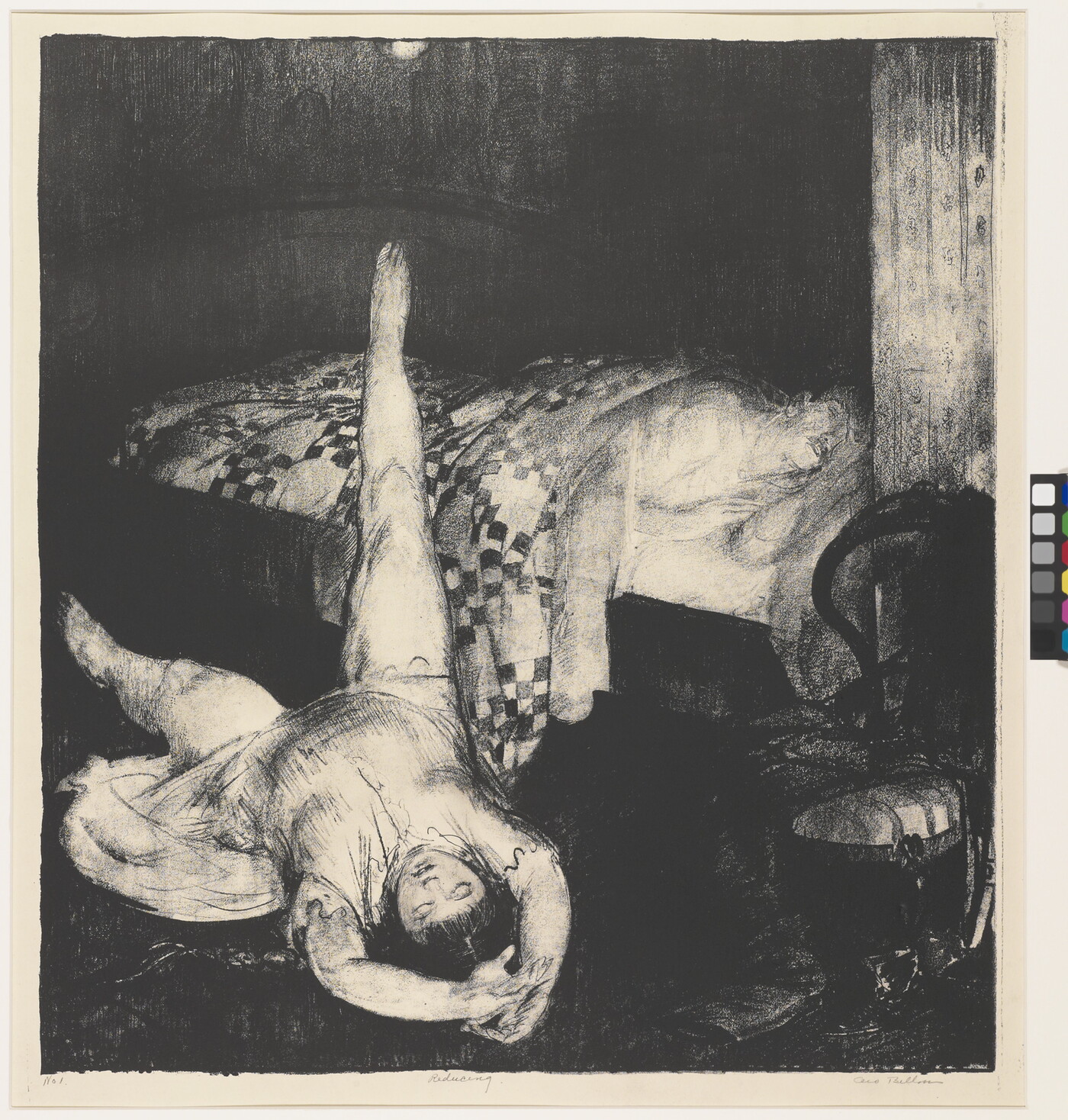 A black-and-white print of a figure in a bed tucked under a quilt and a female figure lying on the floor with one leg propped up on the bed.