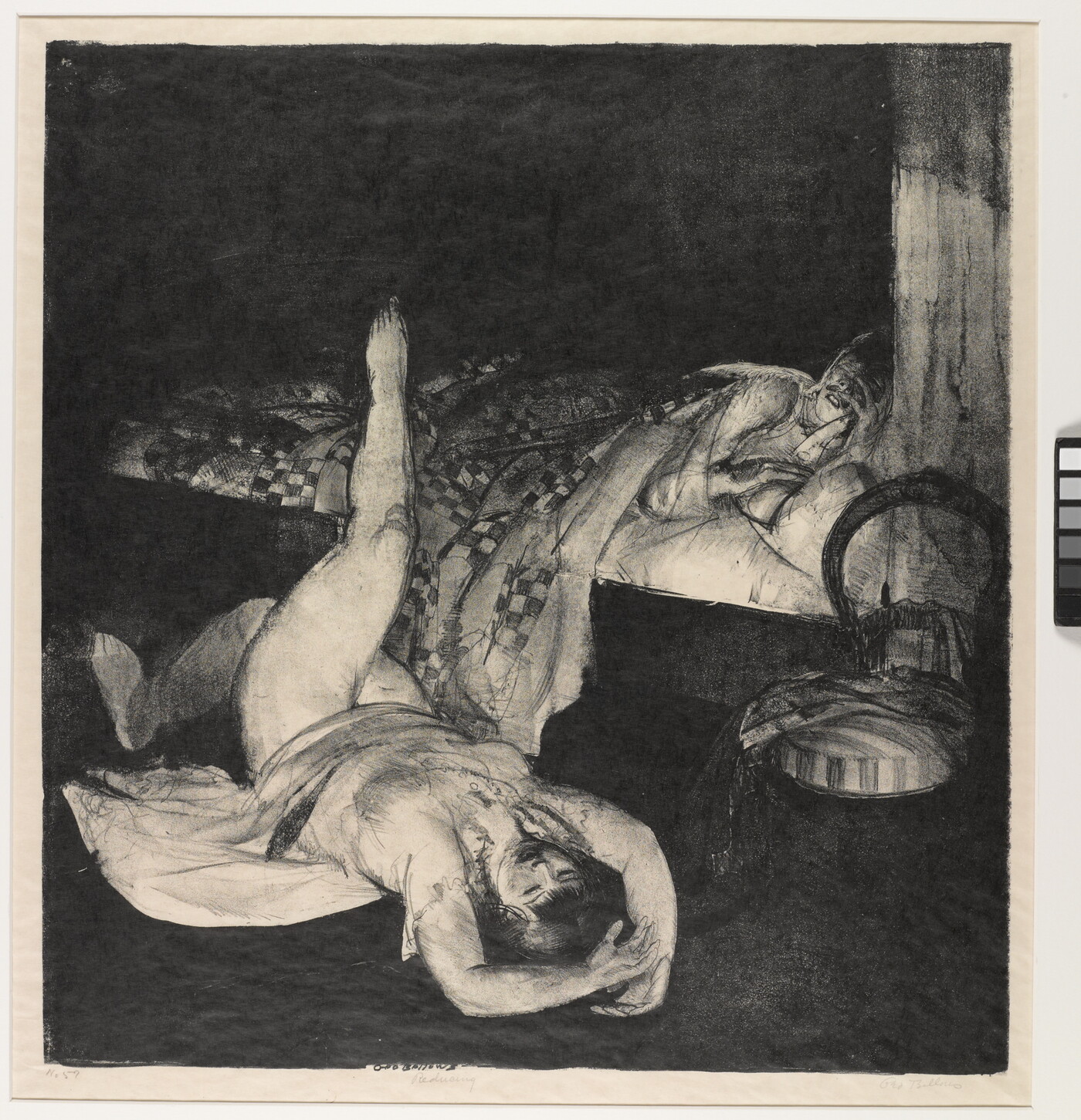 A black-and-white print of a figure in a bed tucked under a quilt and a female figure lying on the floor with one leg propped up on the bed.
