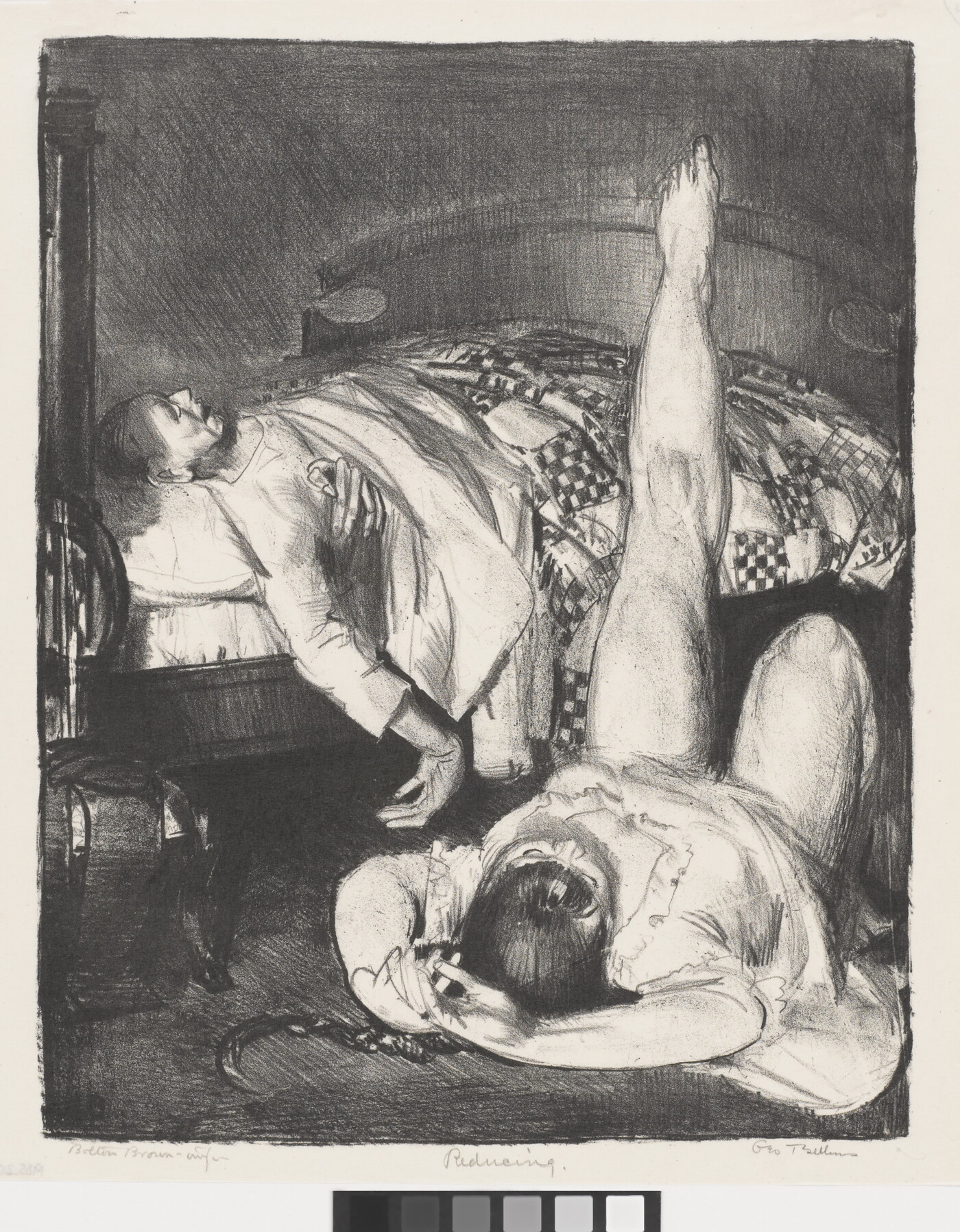 A black-and-white print of a figure in a bed tucked under a quilt and a female figure lying on the floor with one leg propped up on the bed.
