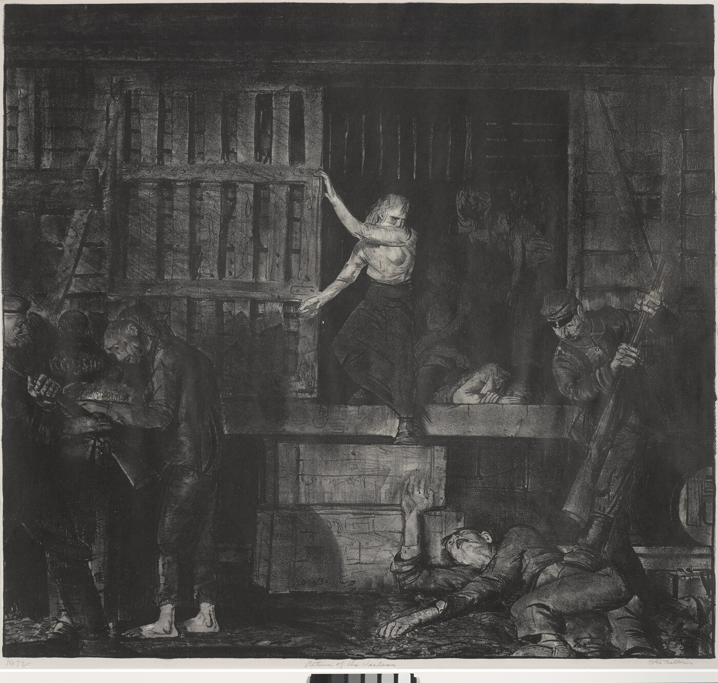 A black-and-white print of people, mostly in shadows, emerging from a dark boxcar as, in front of the boxcar, an officer holds down a person on the ground with his boot and a rifle.