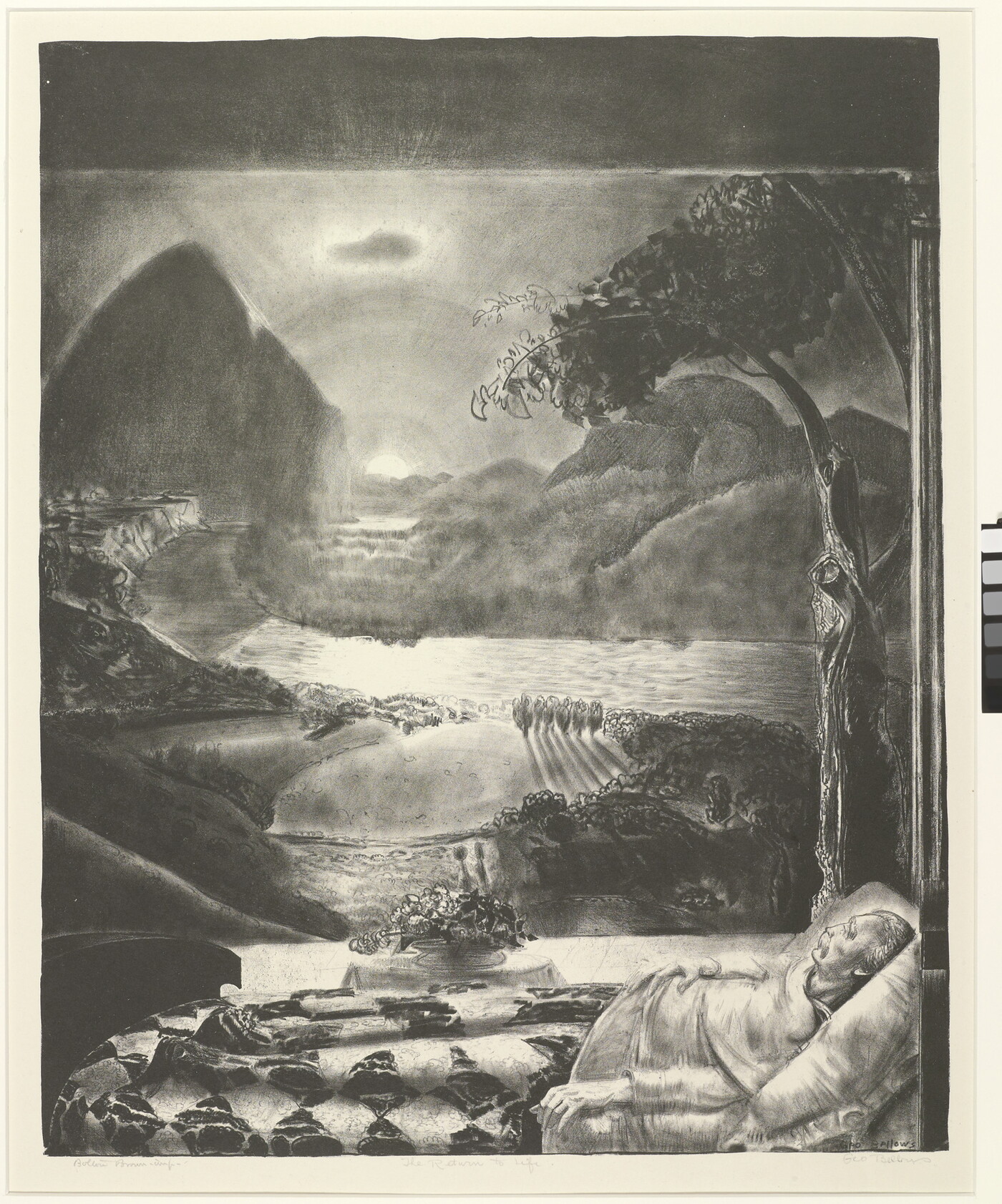 A black-and-white print of elderly man in bed in the foreground looking toward an expansive, idyllic nature scene of a river and the sun peeking from behind the hills.