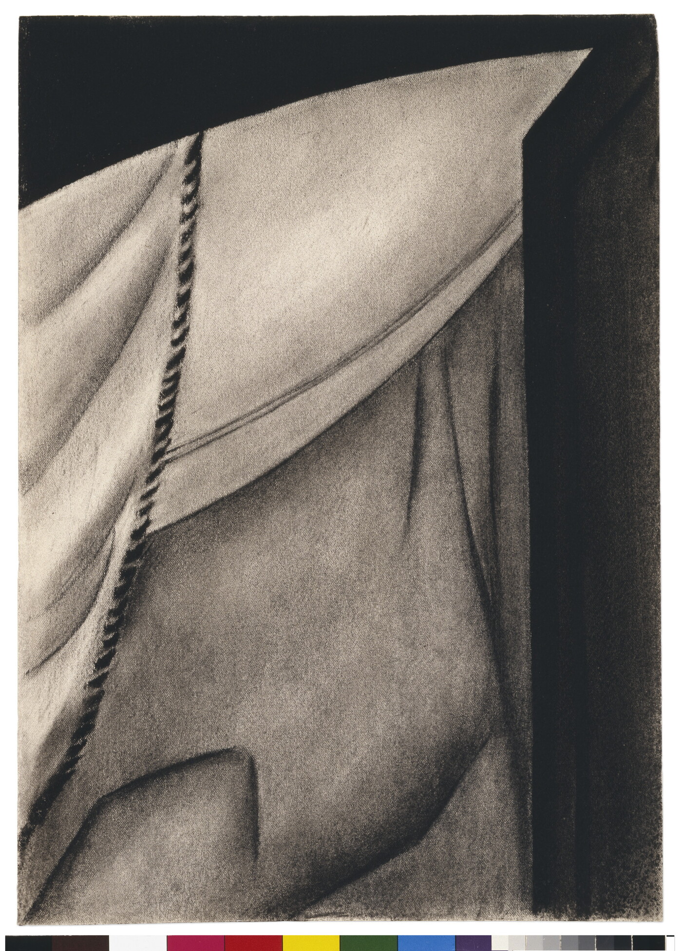 A charcoal drawing of soft white fabric seen through an open door with a curved lintel.