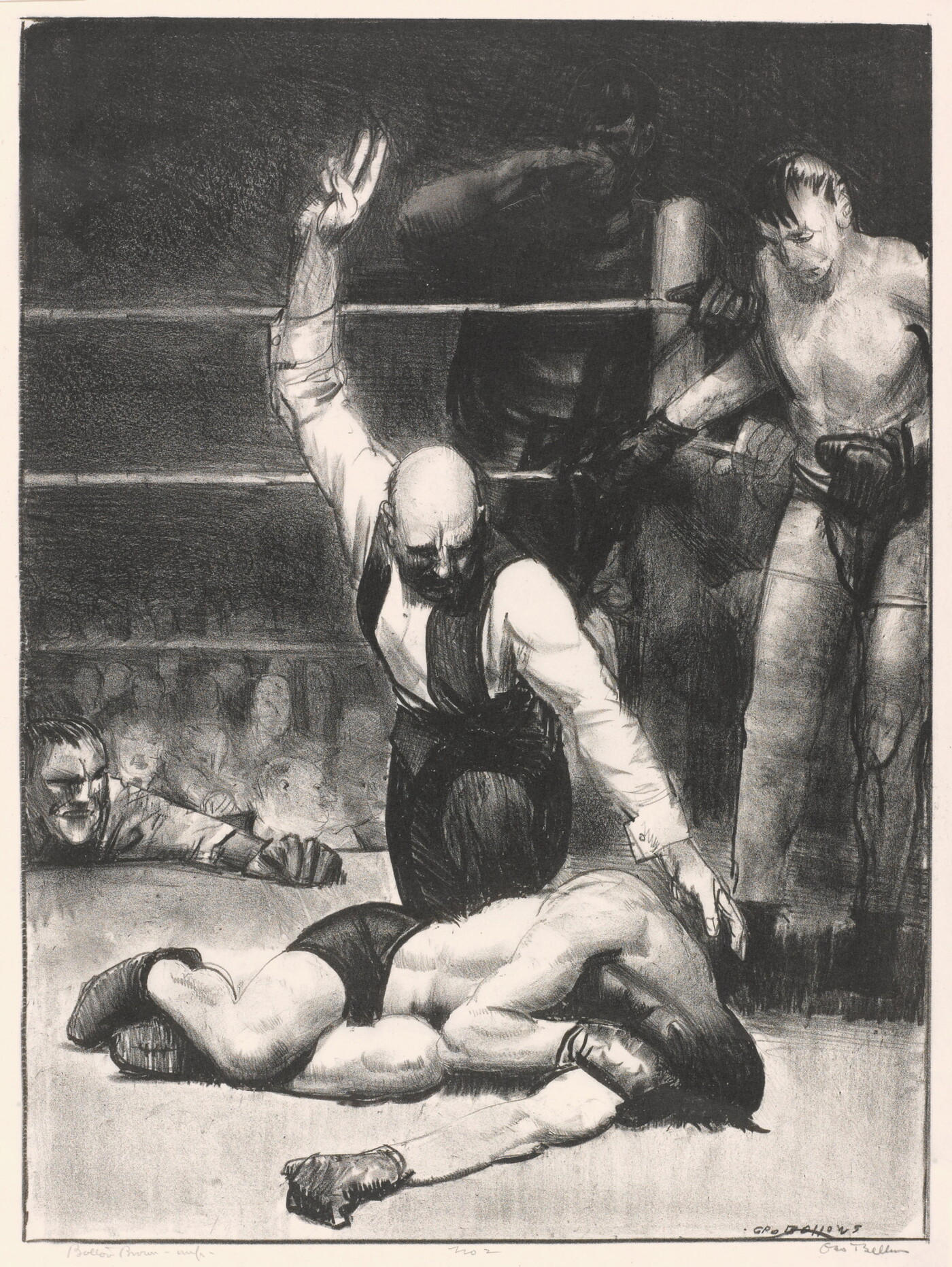 A black-and-white print of a referee kneeling over a boxer counting down with the opponent and coaches in the background.