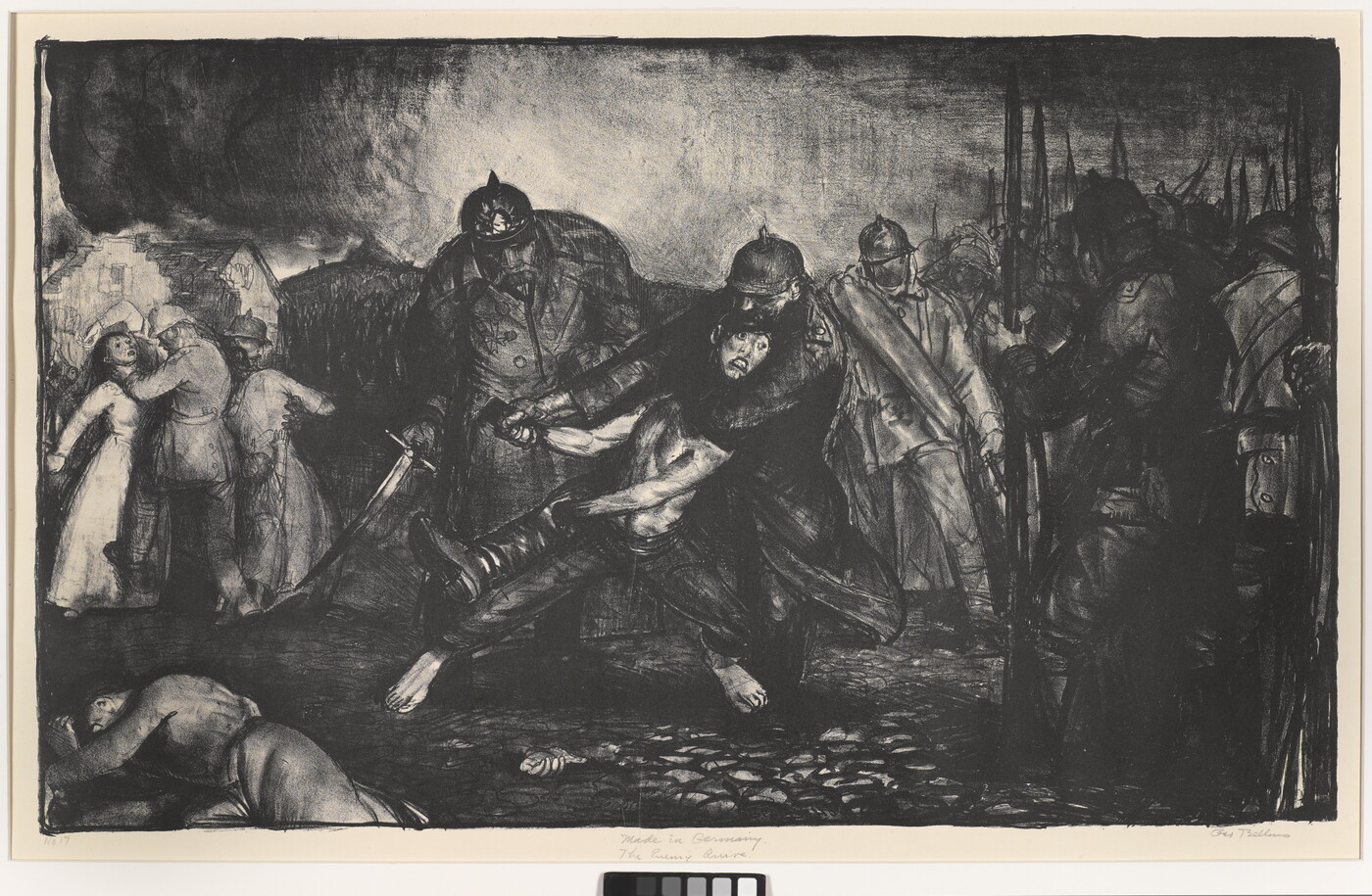 A dark, black-and-white print of soldiers violently rounding up citizens.
