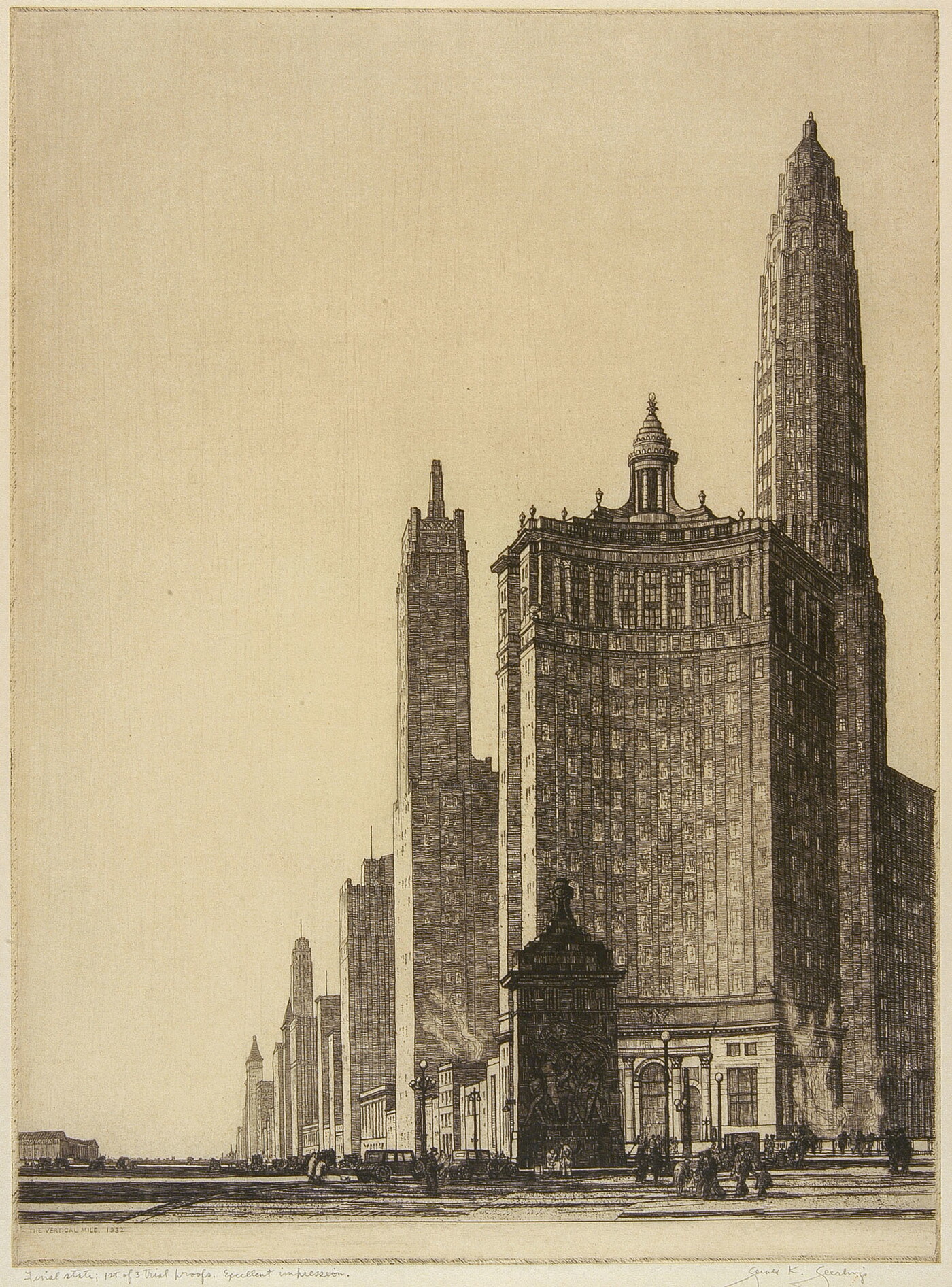 A black-and-white print of city skyscrapers and architecture as seen from an ant&#039;s-eye view.