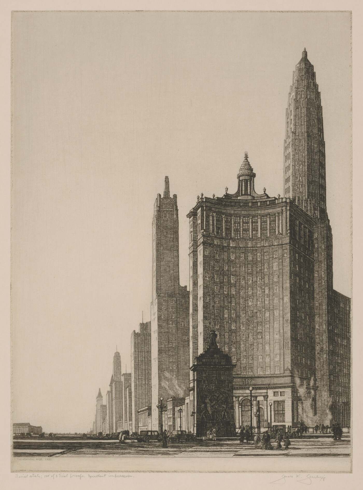 A black-and-white print of city skyscrapers and architecture as seen from an ant's-eye view.