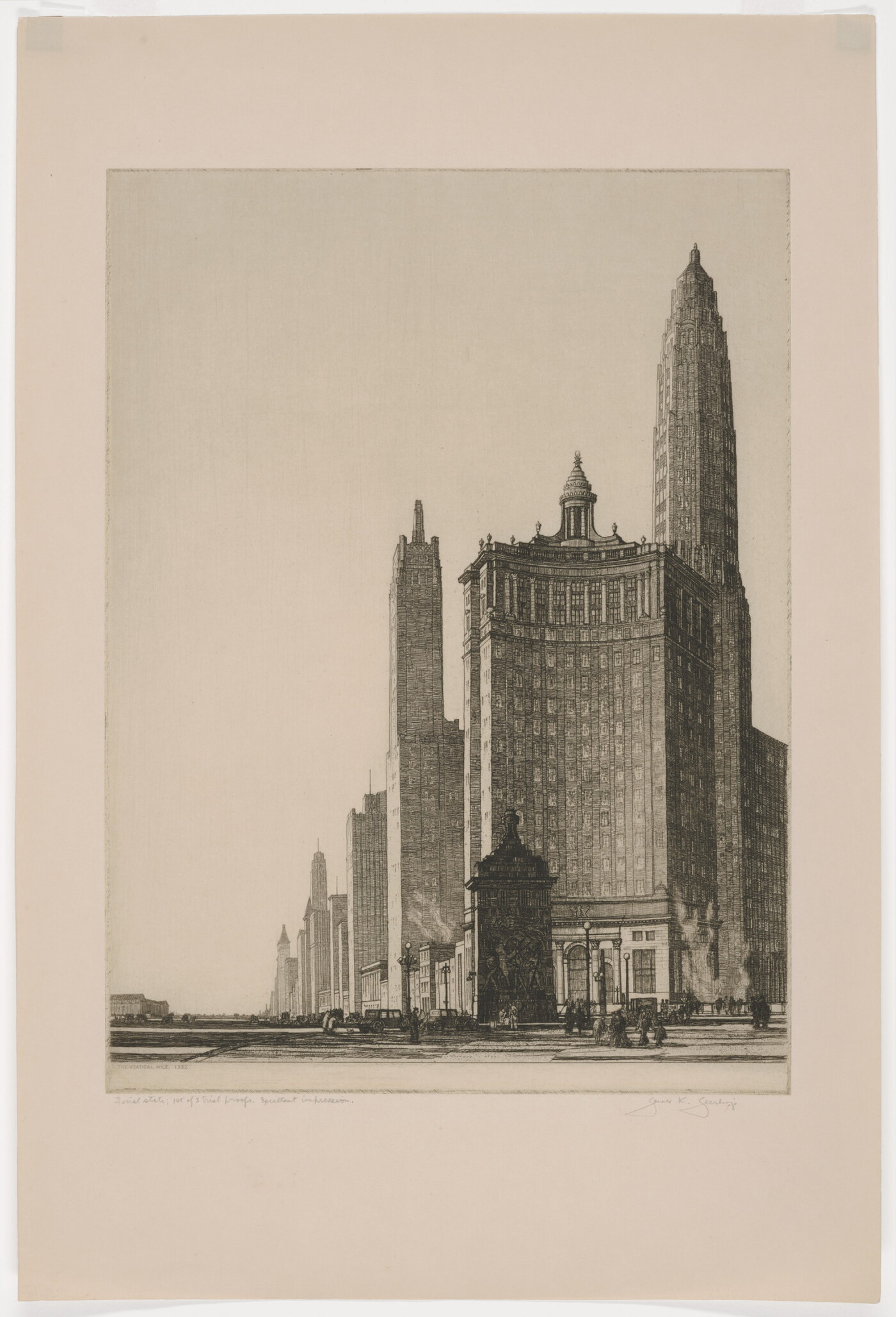 A black-and-white print of city skyscrapers and architecture as seen from an ant's-eye view.