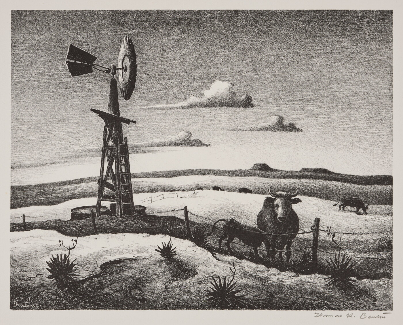 A black-and-white print of a field of grazing cows, one stands just inside a fence next to a windmill.