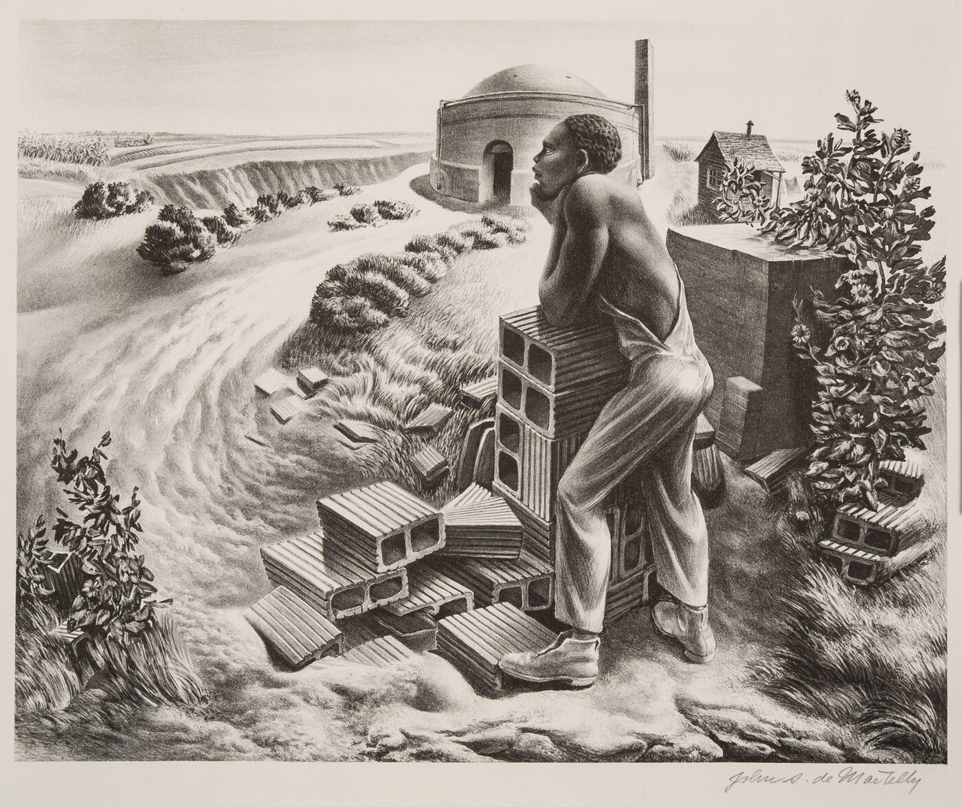 A black-and-white print of a Black man in overalls leaning on a pile of cinder blocks, staring off into grassy landscape with a domed building in the distance.