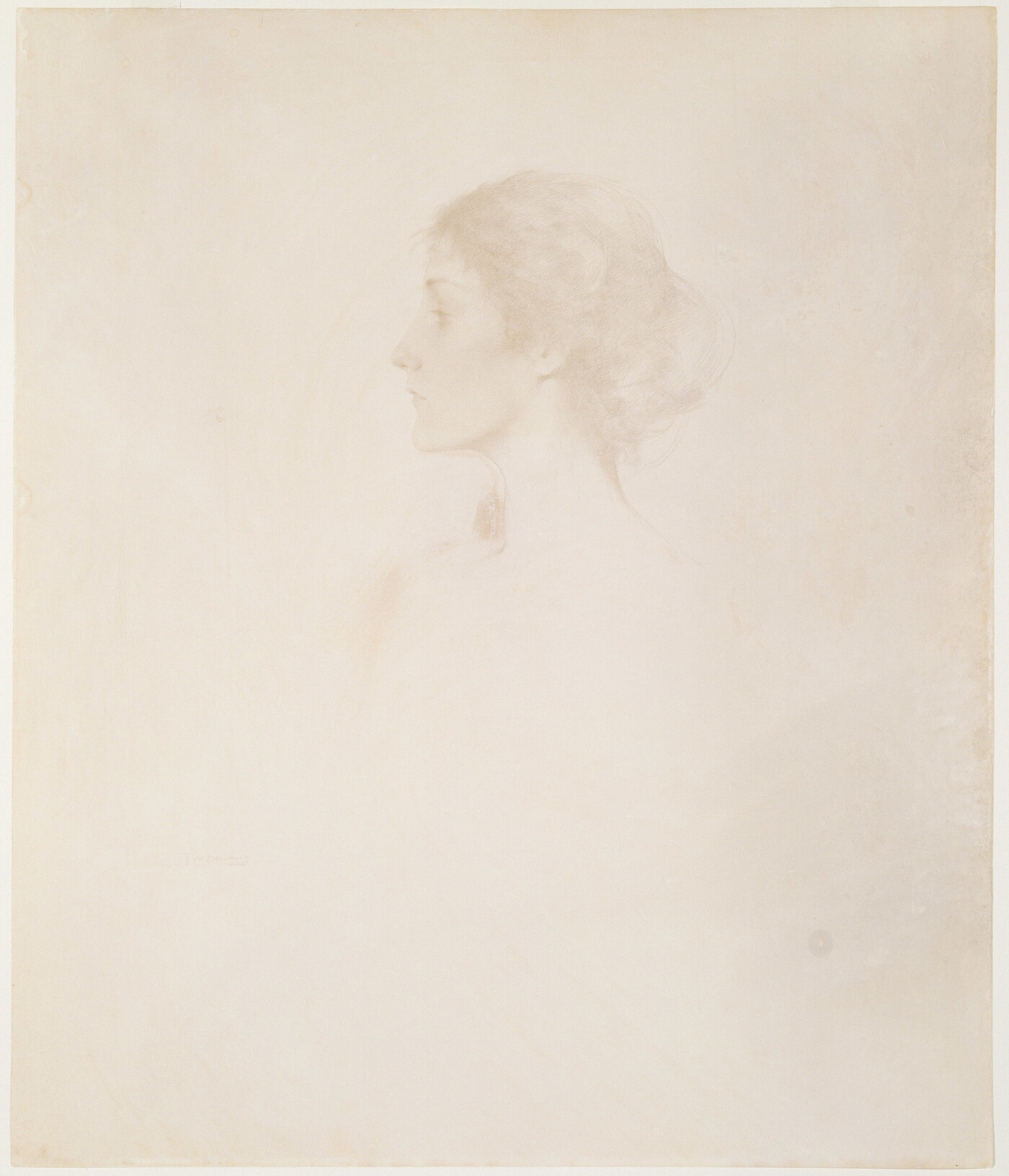 A faint black-and-white drawing of a young, White woman in profile, hair pulled back, from the shoulders up.