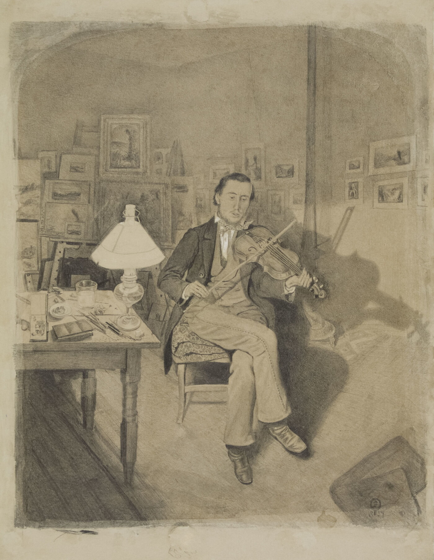 A black-and-white drawing of a young, White man playing a fiddle while seated next to a bright lamp on a cluttered table.