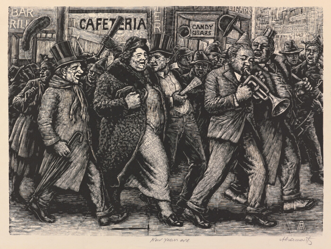A sepia-toned print of a crowded sidewalk filled with people, most dressed in winter clothing, walking, talking, and playing instruments.