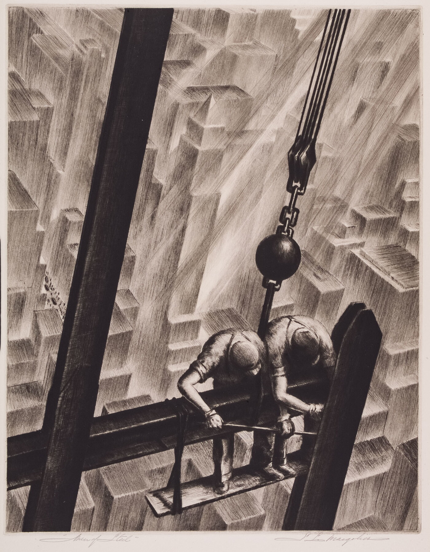 A black-and-white print of two construction workers on an I-beam on a skyscraper as seen from above.