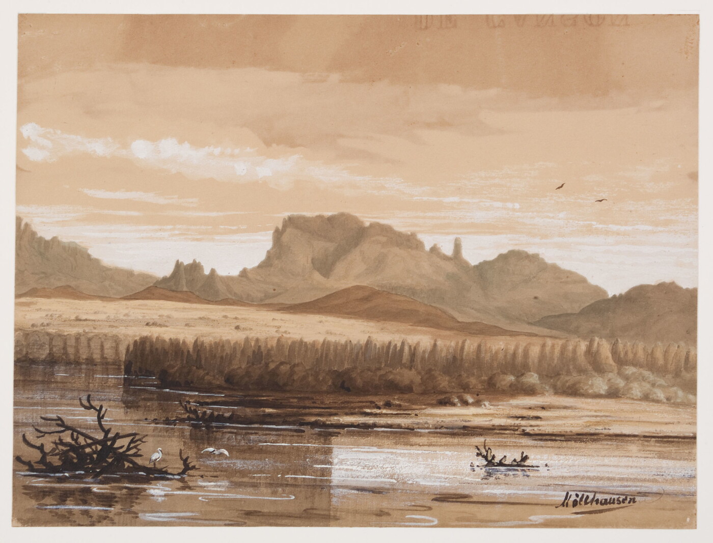 A watercolor in muted colors of a river with trees on the opposite bank and rock formations in the distance.