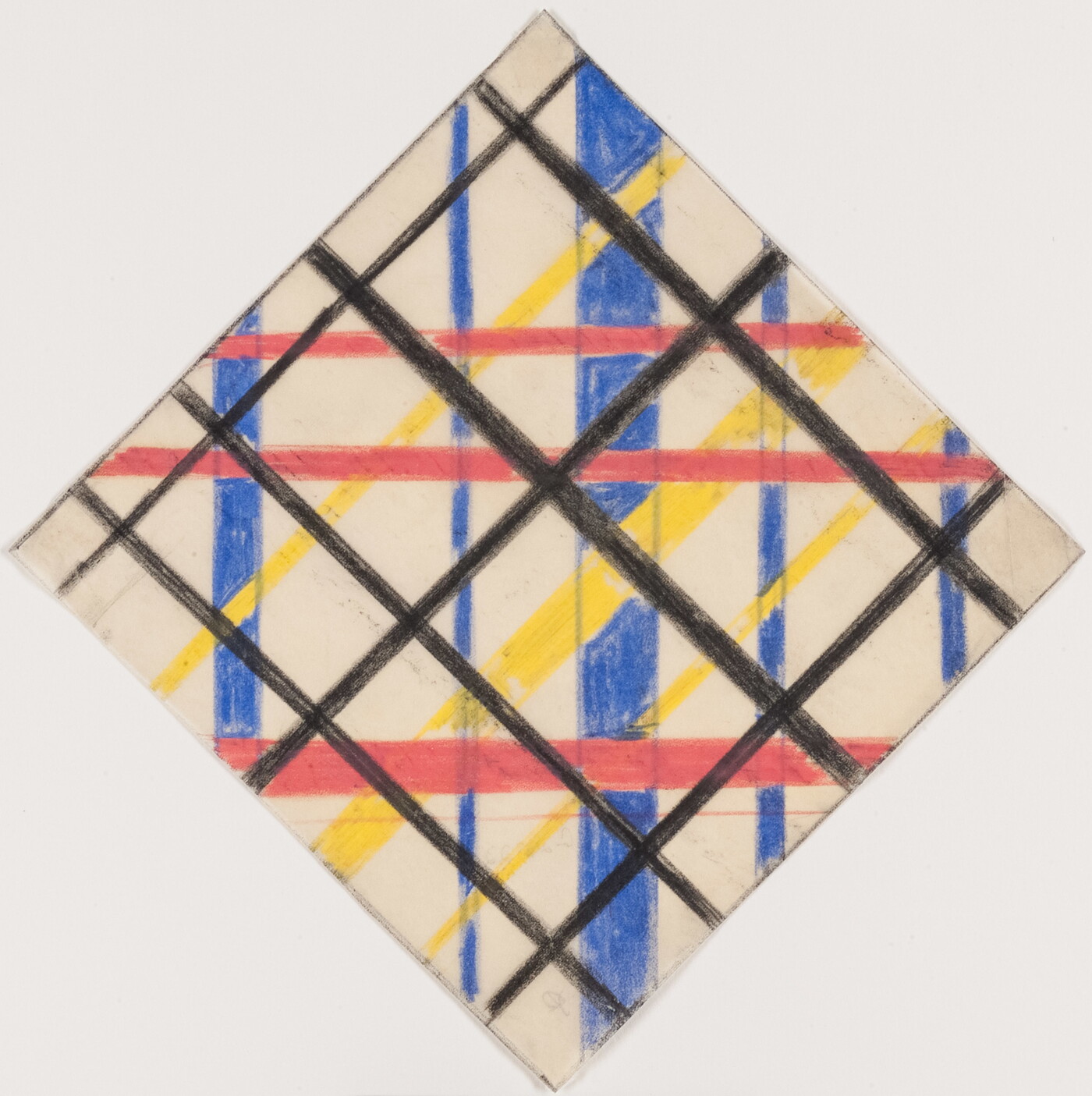 An abstract color drawing of overlapping black, blue, red, and yellow lines of varying widths drawn within the shape of a diamond. 