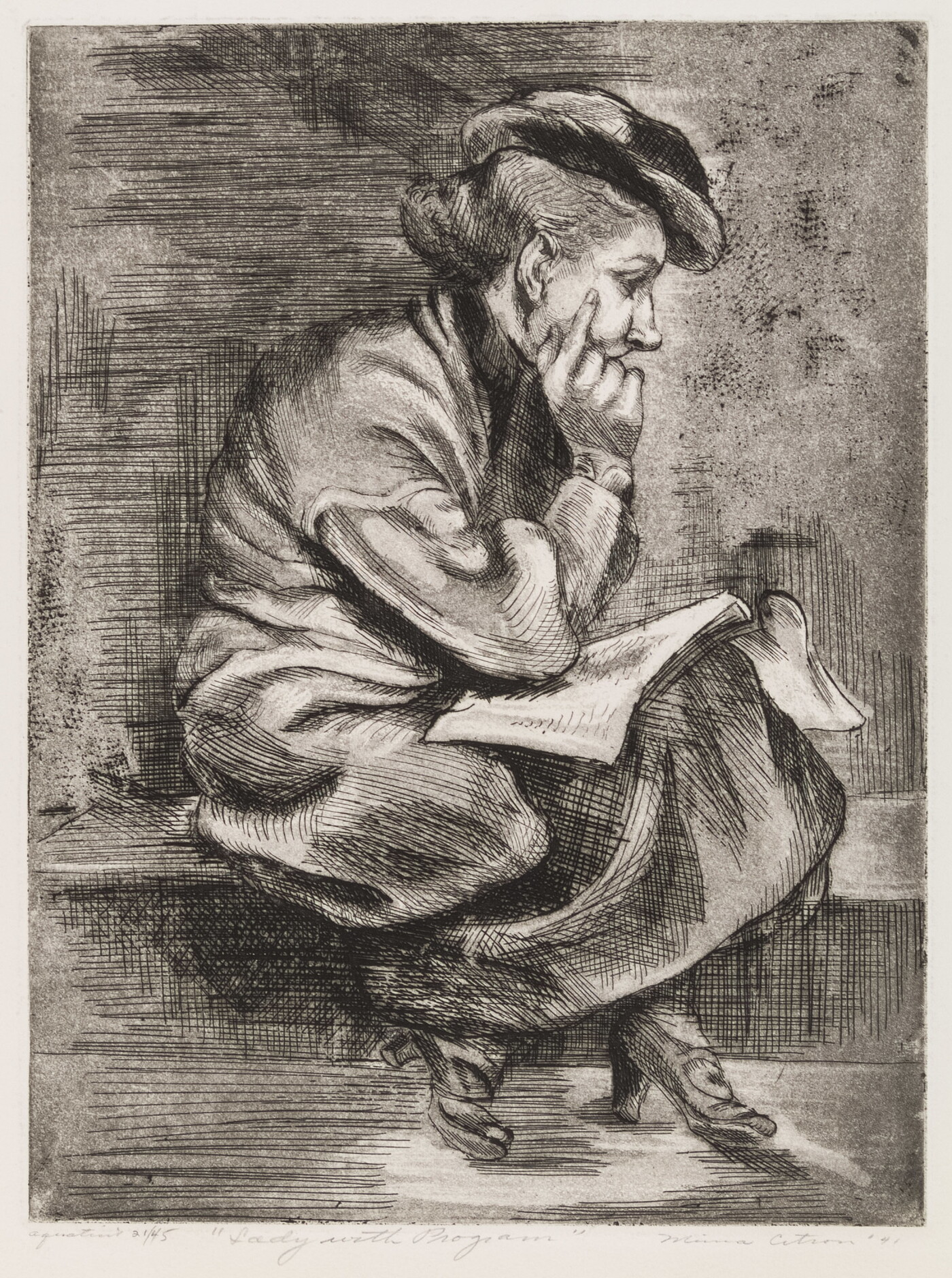 A black-and-white print of a White woman sitting on a ledge or bench resting her head in the palm of one hand, an open booklet on her lap. 