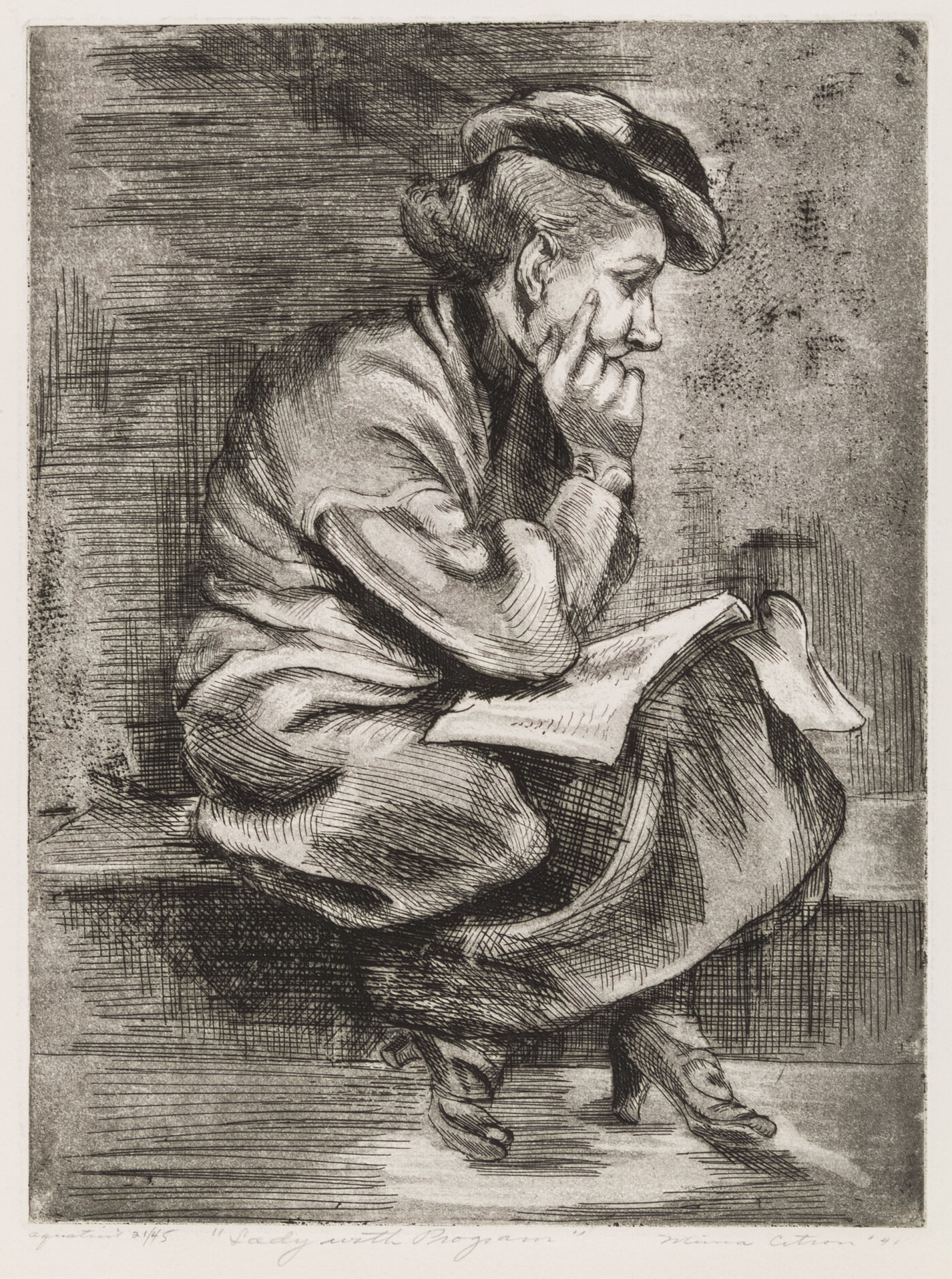 A black-and-white print of a White woman sitting on a ledge or bench resting her head in the palm of one hand, an open booklet on her lap. 