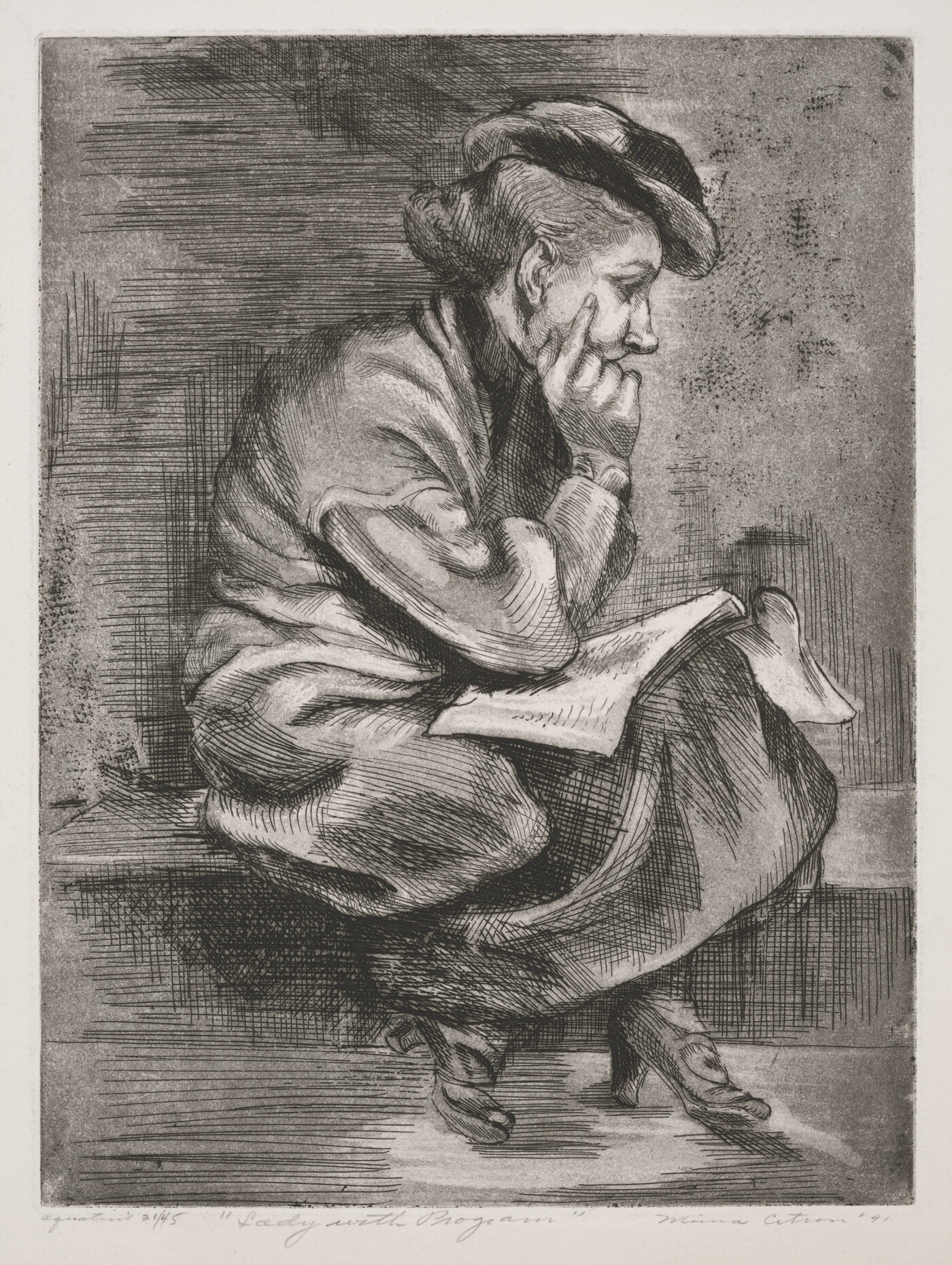 A black-and-white print of a White woman sitting on a ledge or bench resting her head in the palm of one hand, an open booklet on her lap.