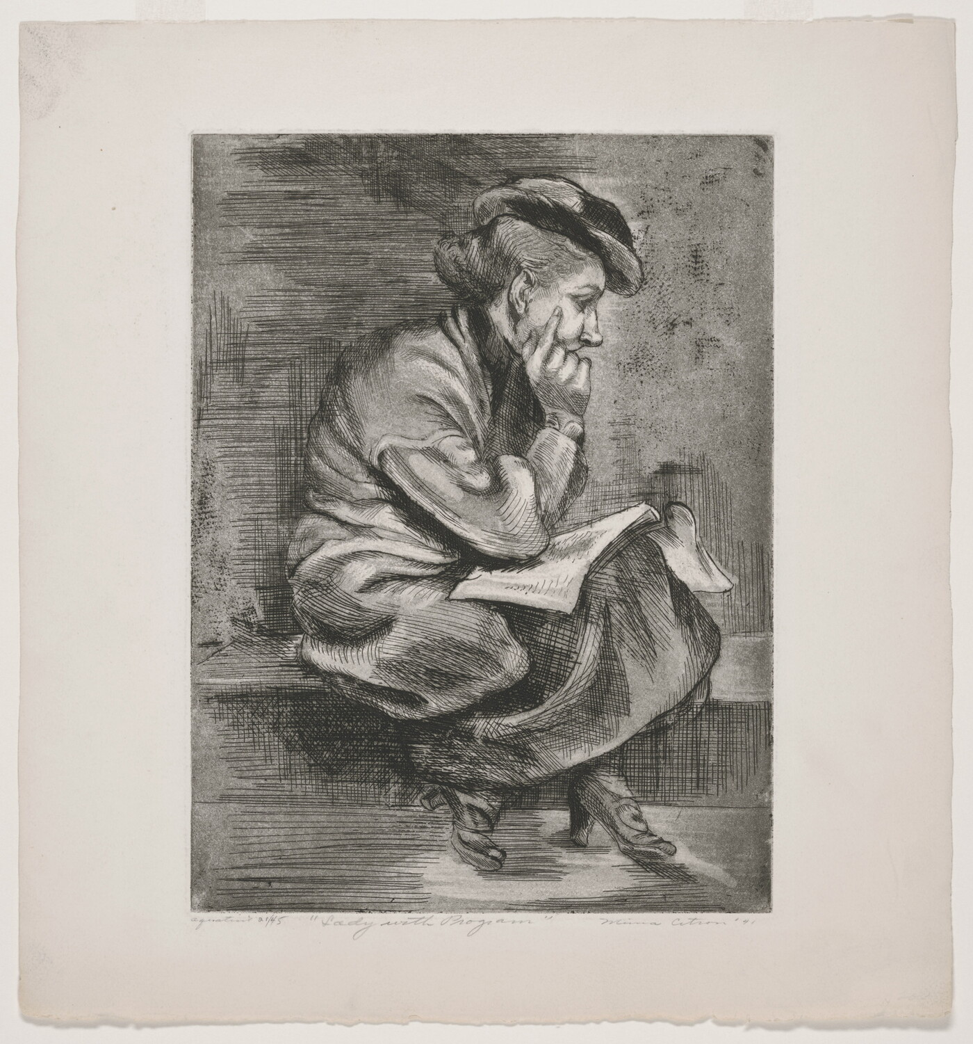 A black-and-white print of a White woman sitting on a ledge or bench resting her head in the palm of one hand, an open booklet on her lap.