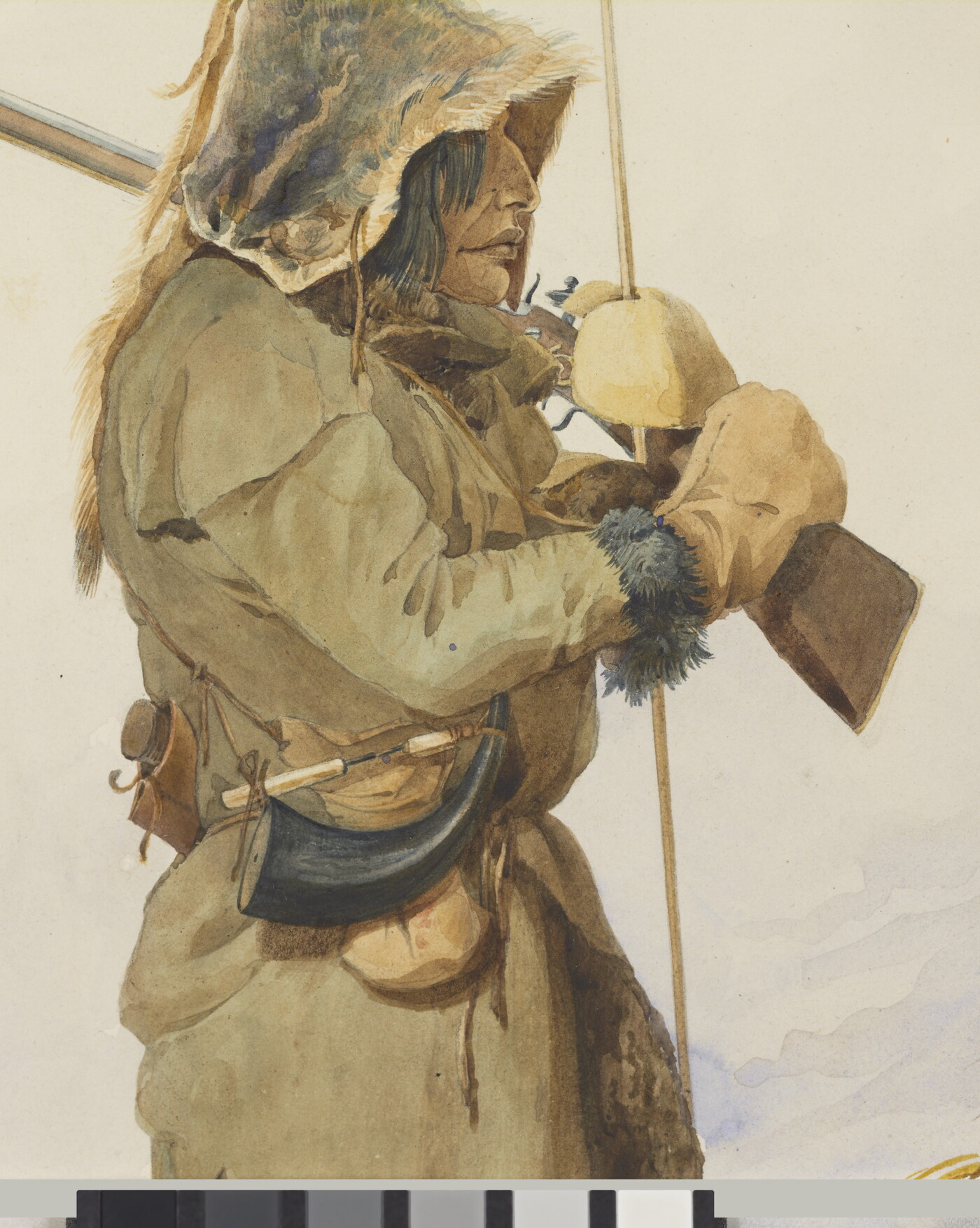 A detail of a watercolor of an Indigenous man dressed in animal skins and carrying a rifle.