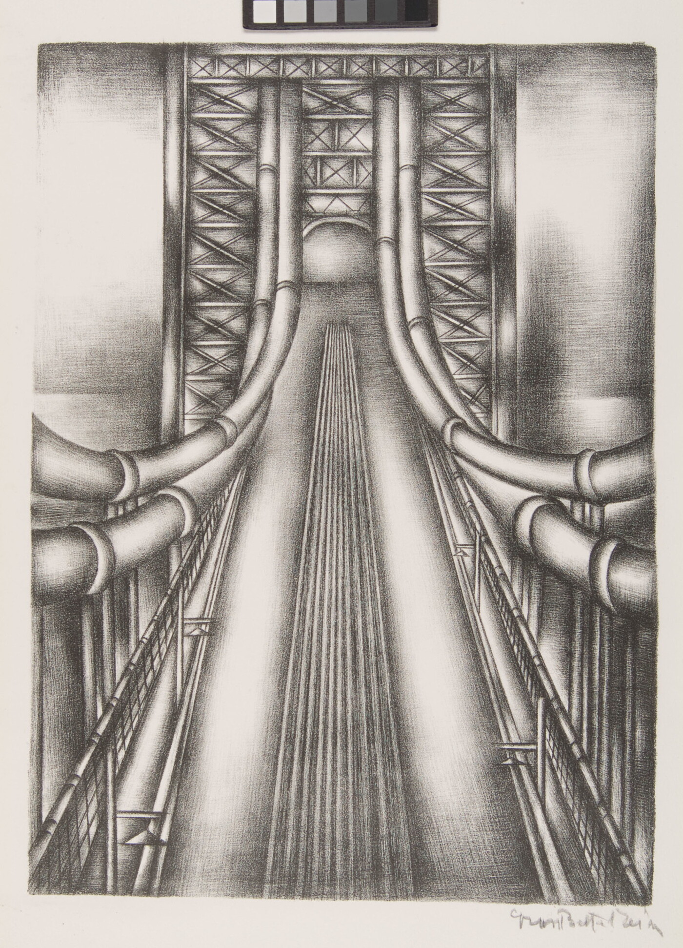 A black-and-white print of a suspension bridge from above looking at the cables to the tower.