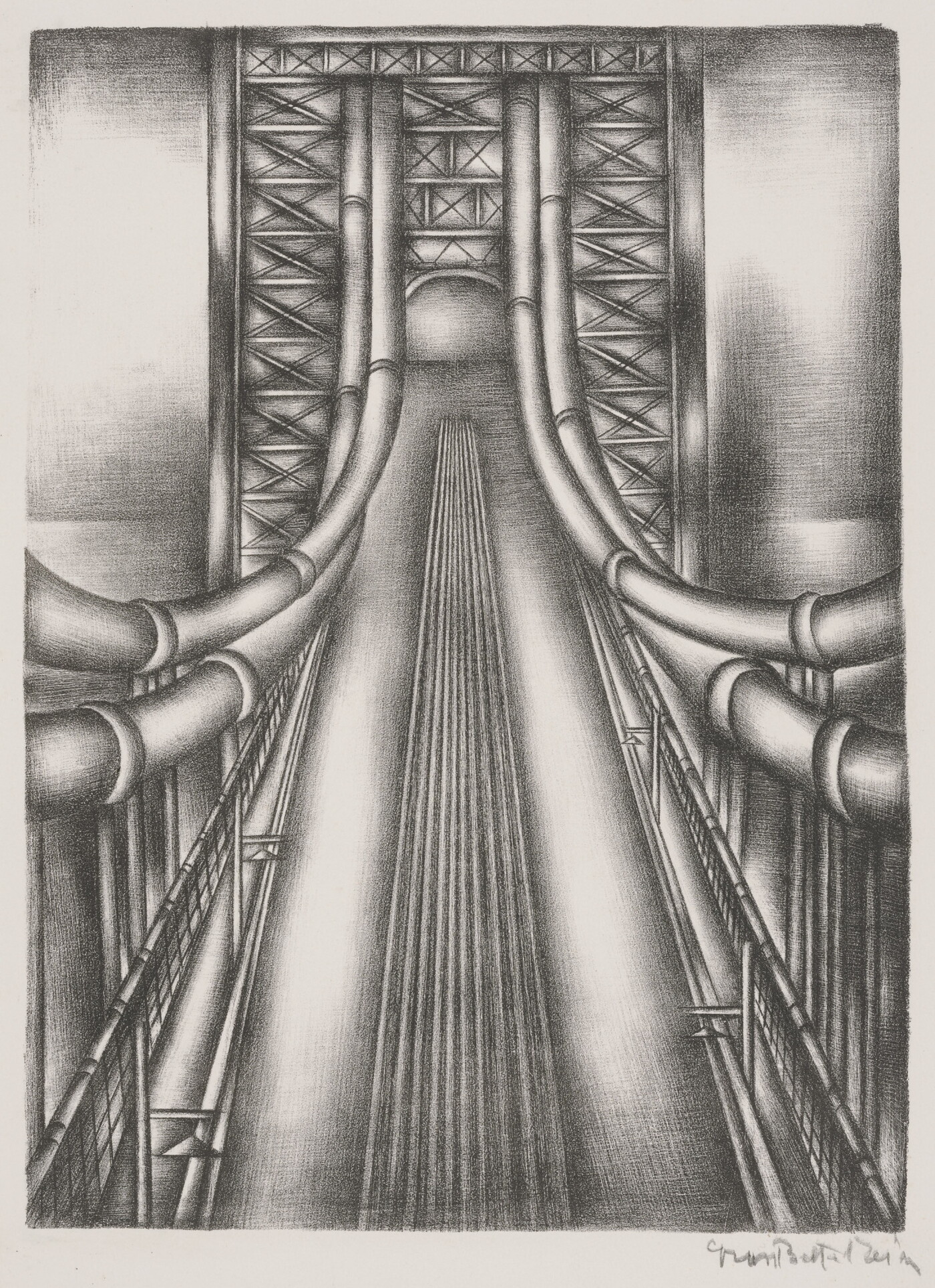 A black-and-white print of a suspension bridge from above looking at the cables to the tower.