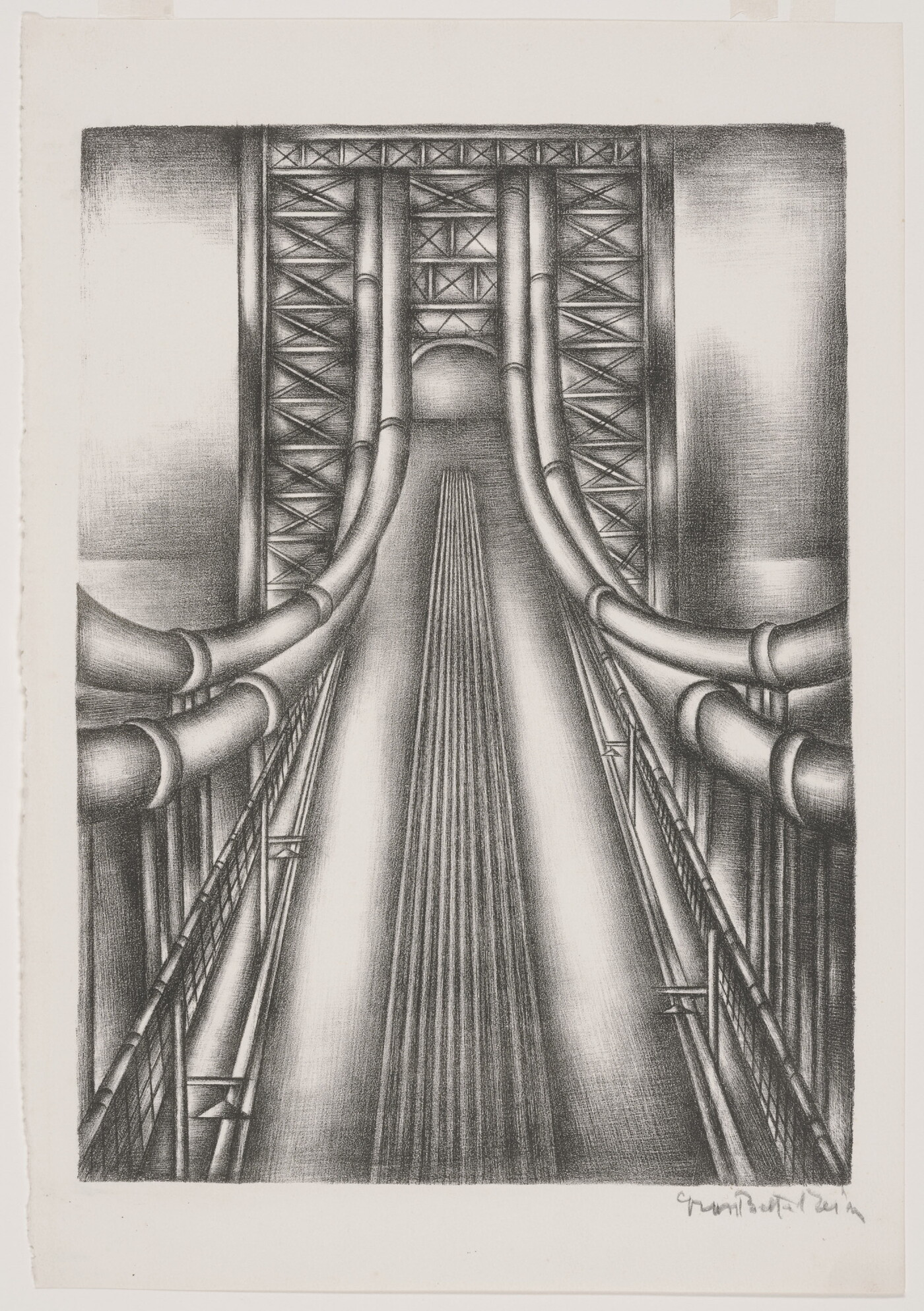 A black-and-white print of a suspension bridge from above looking at the cables to the tower.