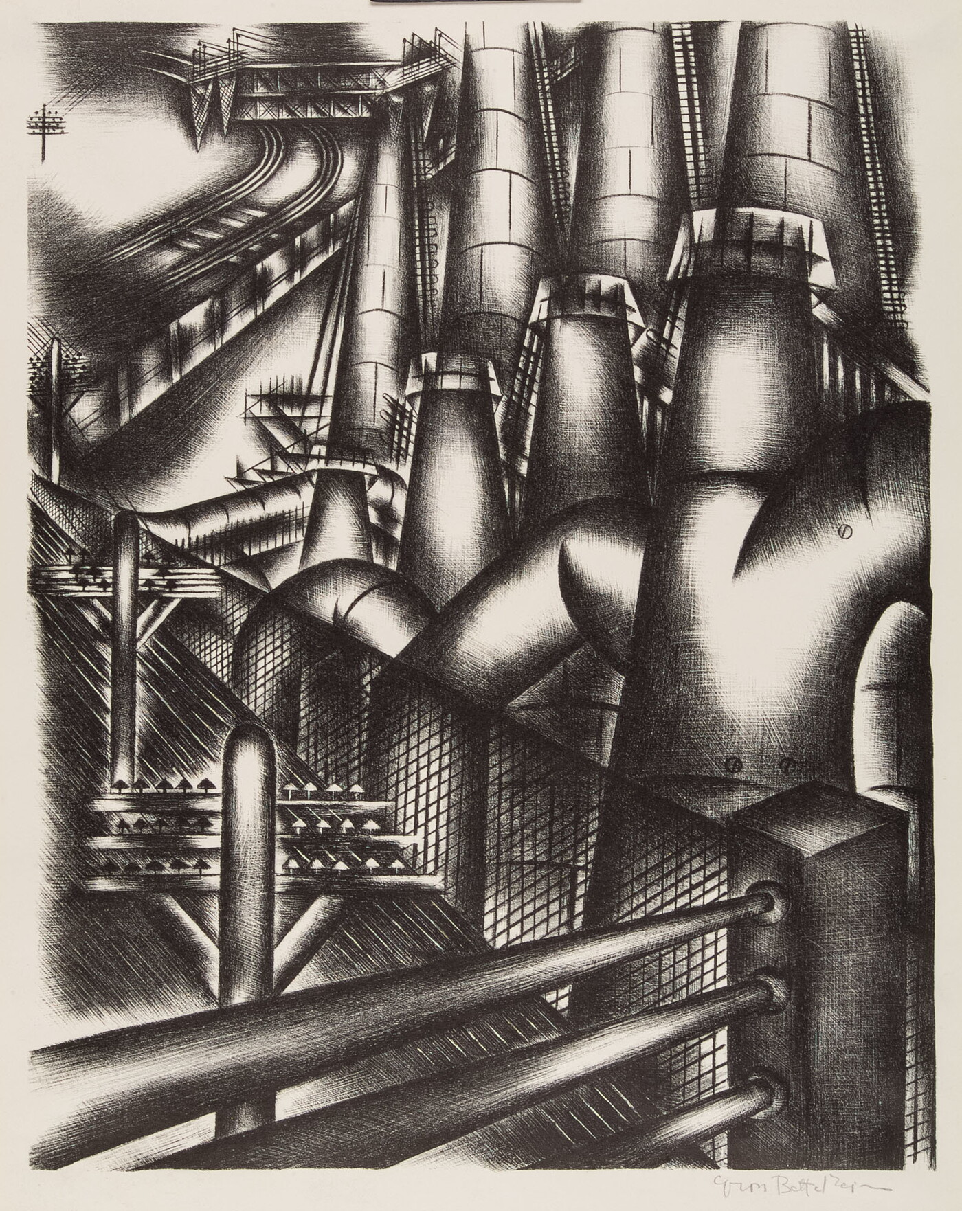 An abstract black-and-white print of industrial buildings and pipes with railroads and power lines in the distance.