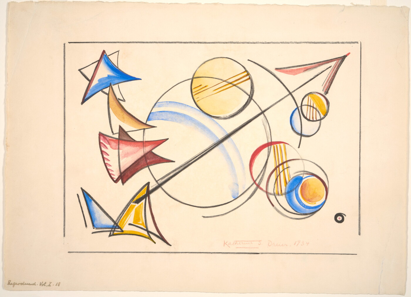 An abstract color print of circles and triangles in primary colors with black accents scattered across the paper.