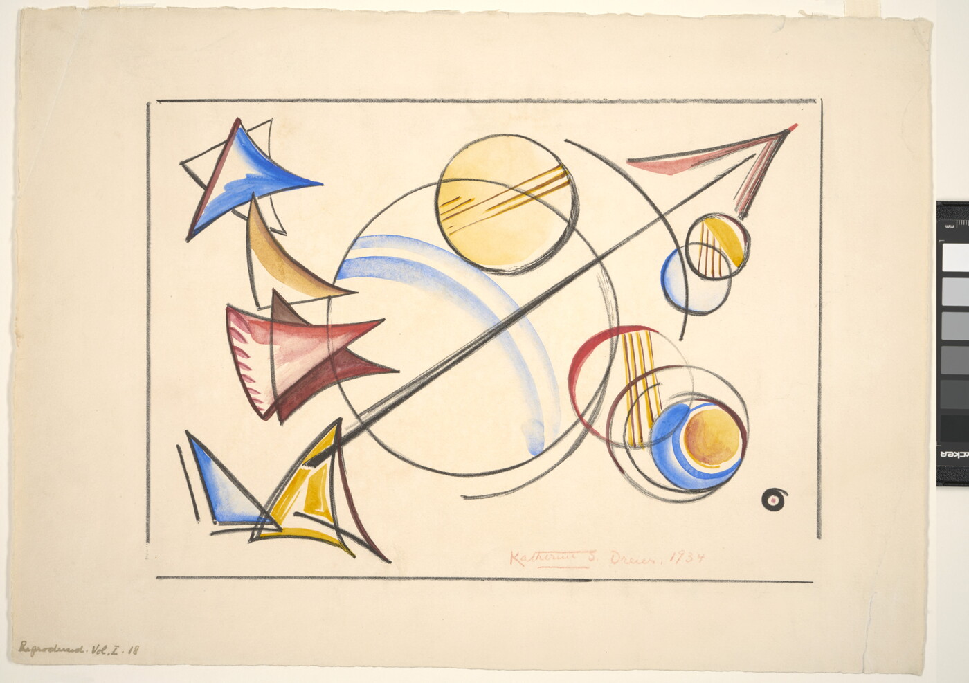 An abstract color print of circles and triangles in primary colors with black accents scattered across the paper.