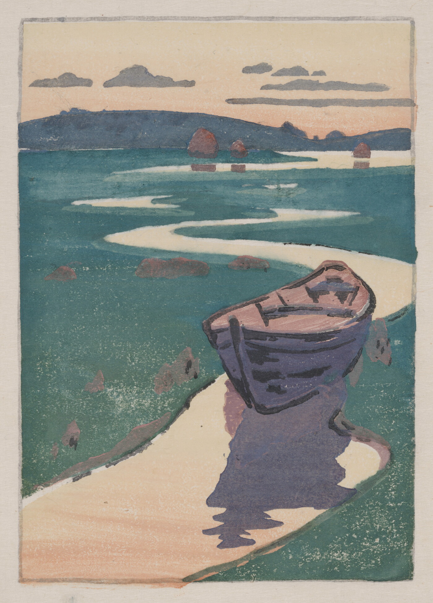 A color landscape print of an empty boat on a narrow, meandering stream under a pink and orange sky.