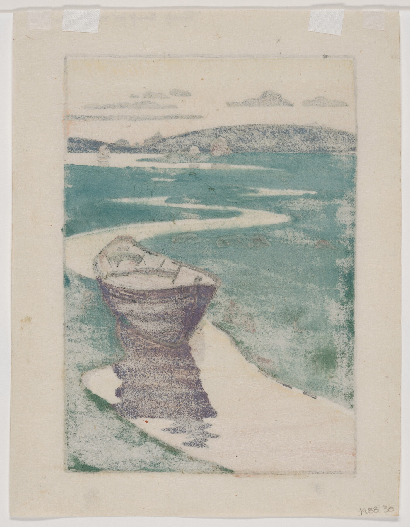 A color landscape print of an empty boat on a narrow, meandering stream under a pink and orange sky.