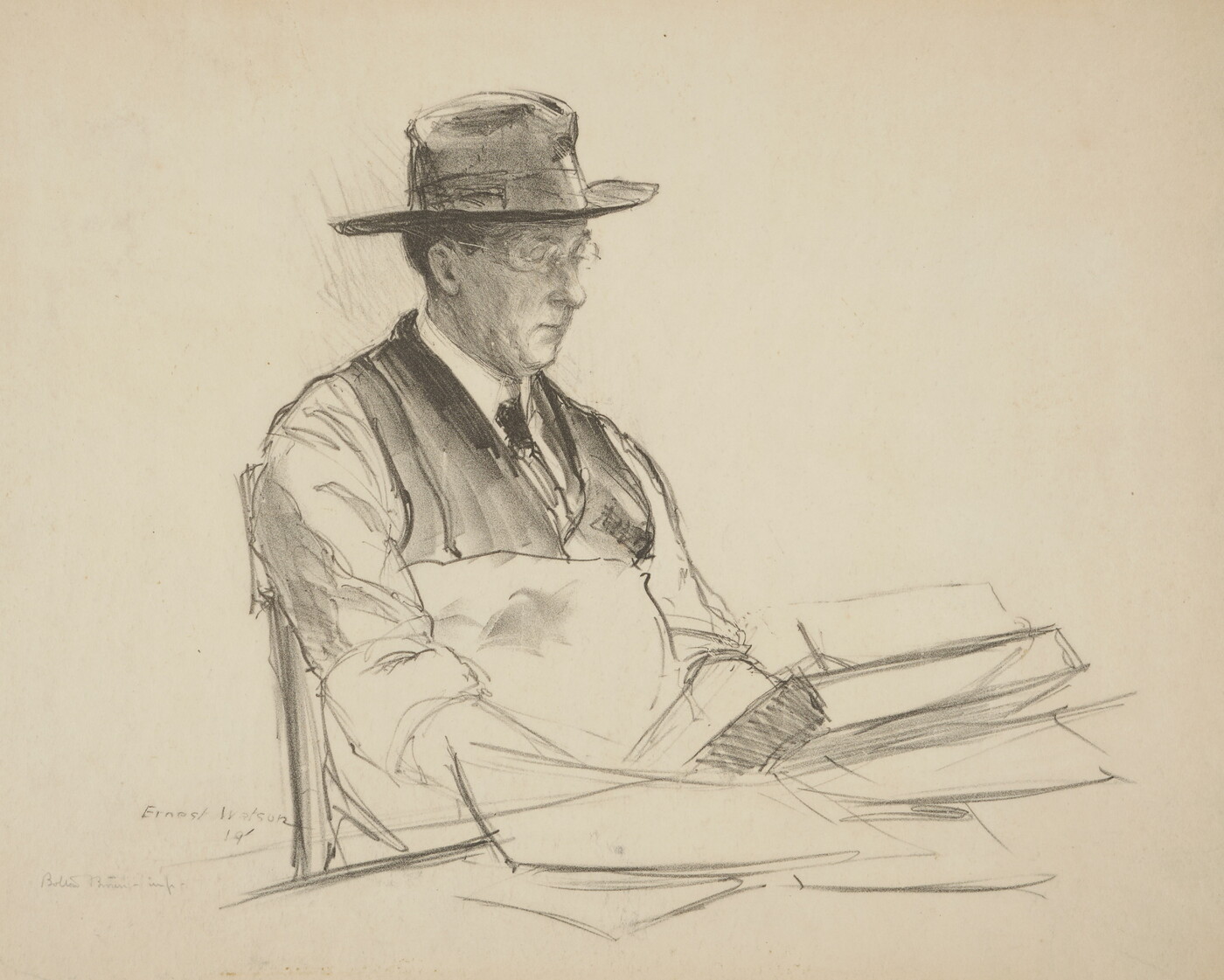 A black-and-white print of a White man wearing a wide-brimmed hat, glasses, vest and tie, writing at a desk.