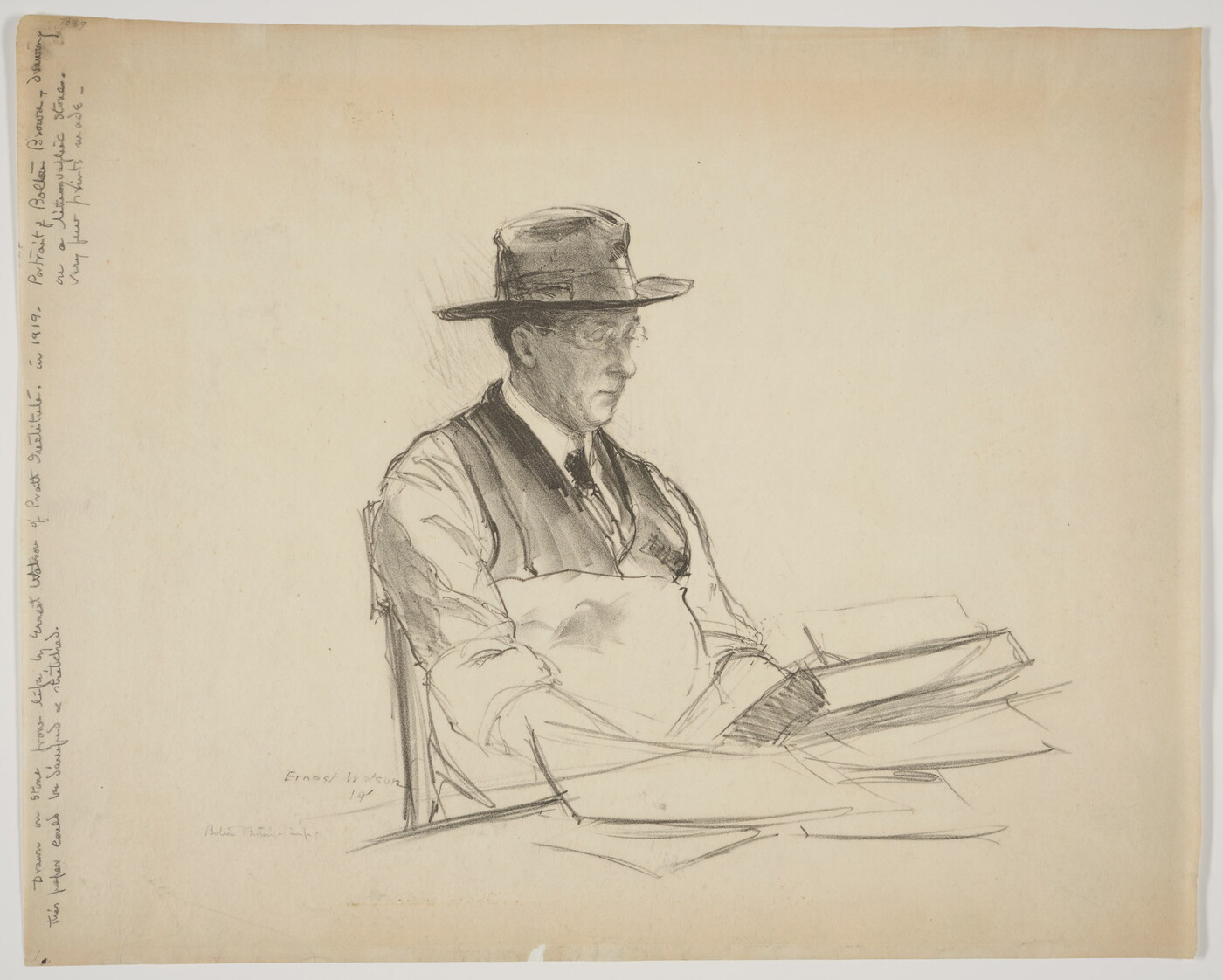 A black-and-white print of a White man wearing a wide-brimmed hat, glasses, vest and tie, writing at a desk.