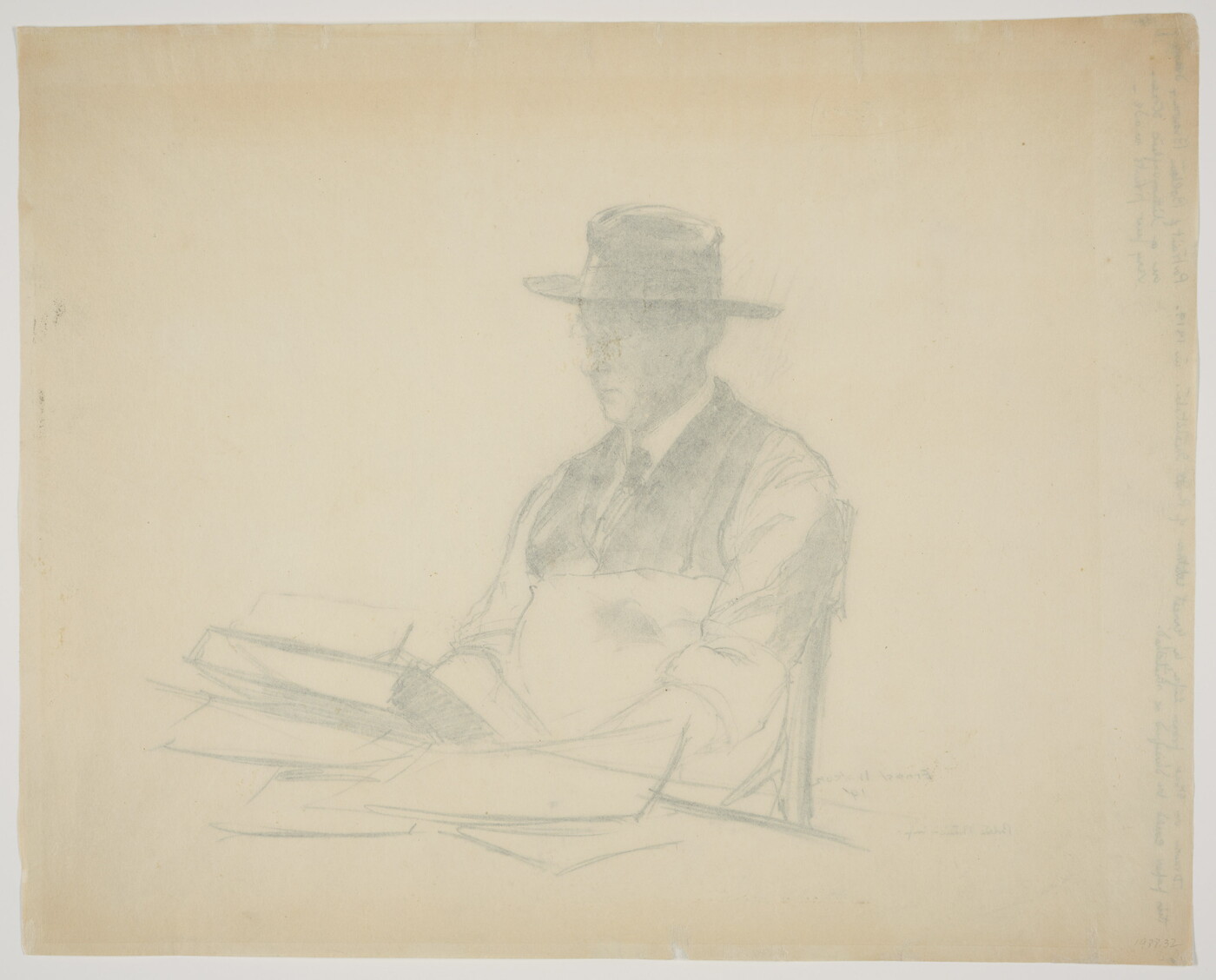 A black-and-white print of a White man wearing a wide-brimmed hat, glasses, vest and tie, writing at a desk.