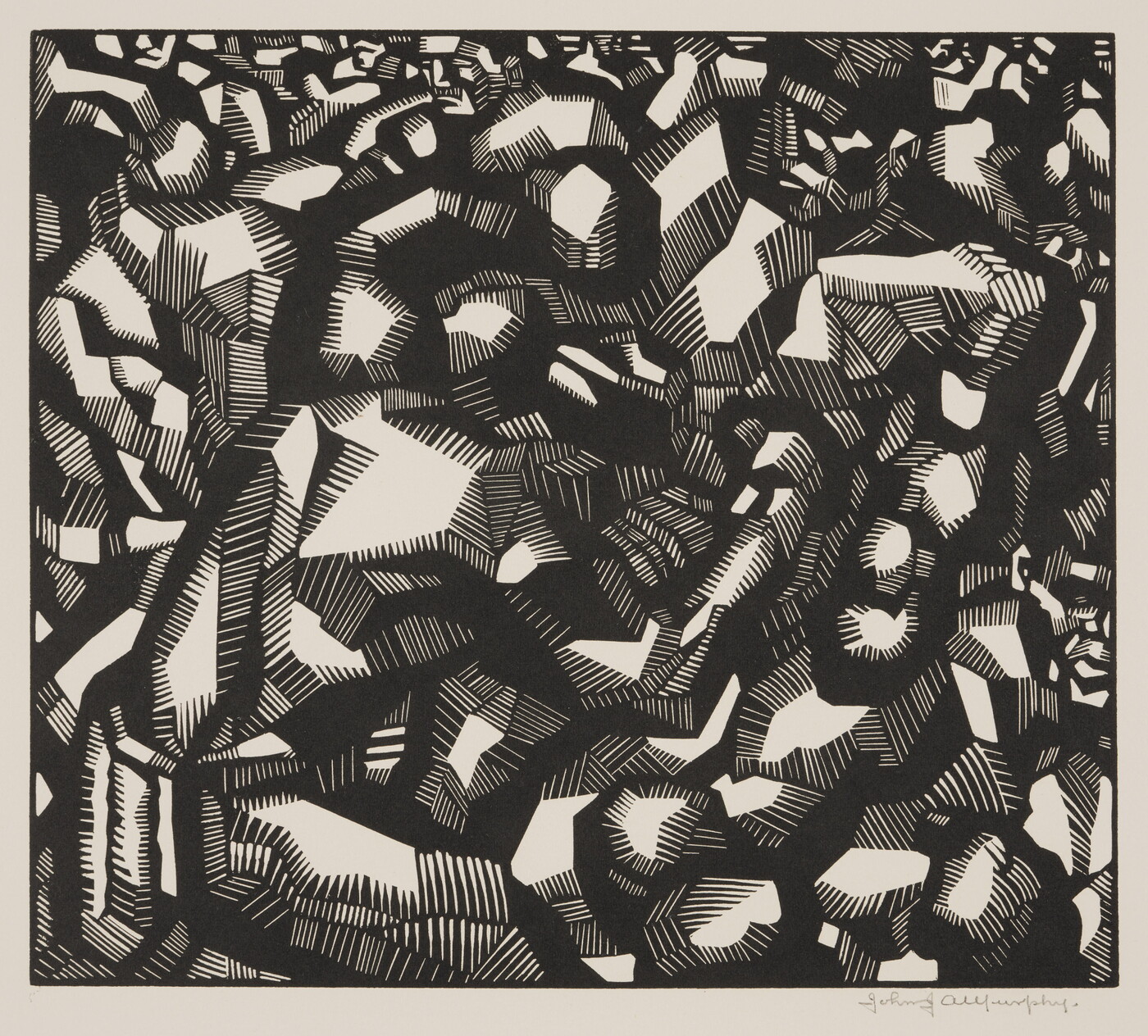 An abstract black-and-white print of graphic, tubular shapes that intertwine and snake together to resemble boxers.